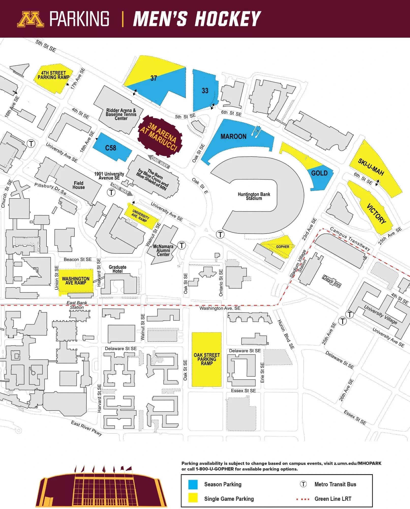 3M Arena at Mariucci: Venue layout, 2026–27 Minnesota men’s hockey parking and transit plan. Use the original map for routes and visitor facilities.
