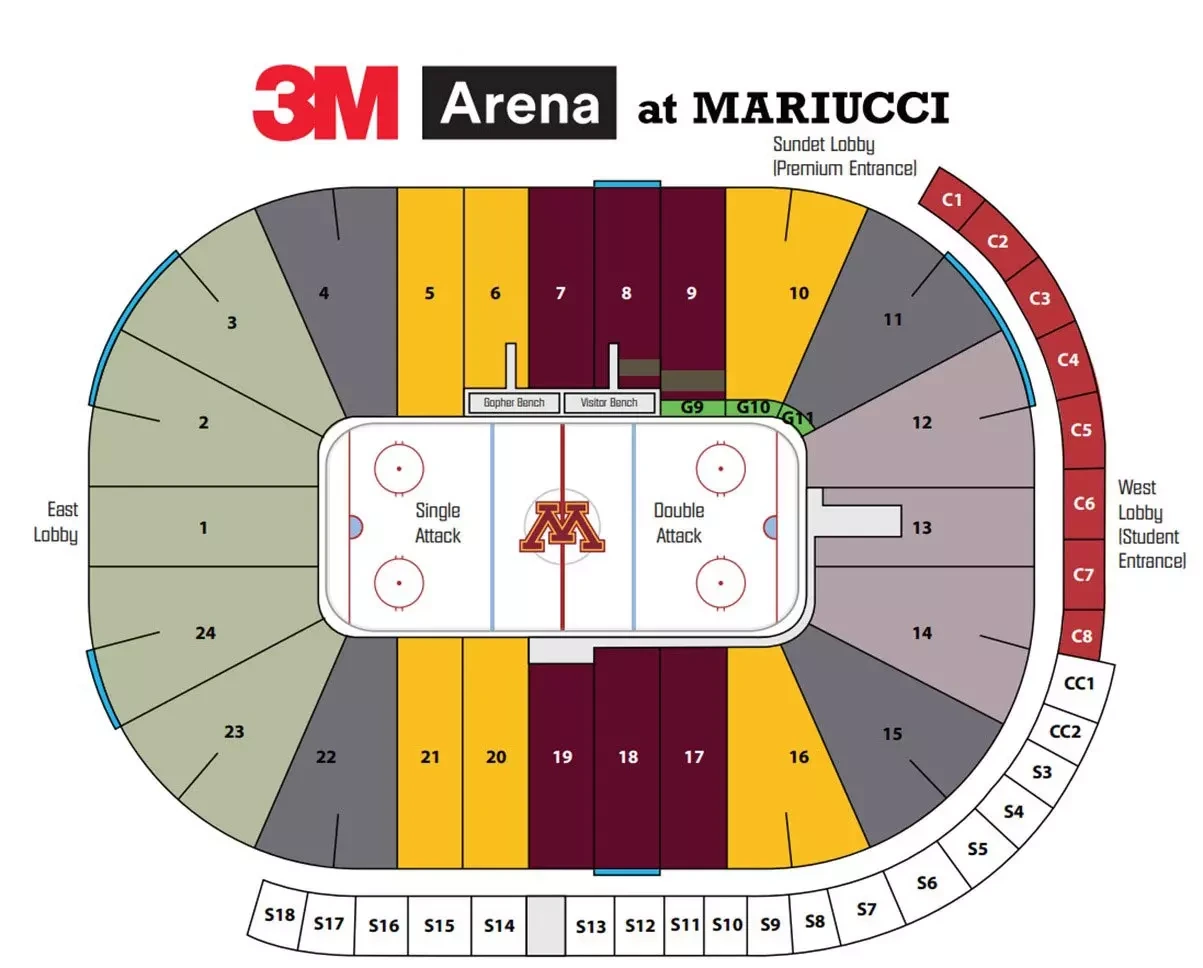 3M Arena at Mariucci: Seating chart, 3M Arena at Mariucci — 2026–27 hockey. Use the source chart for section and row details.