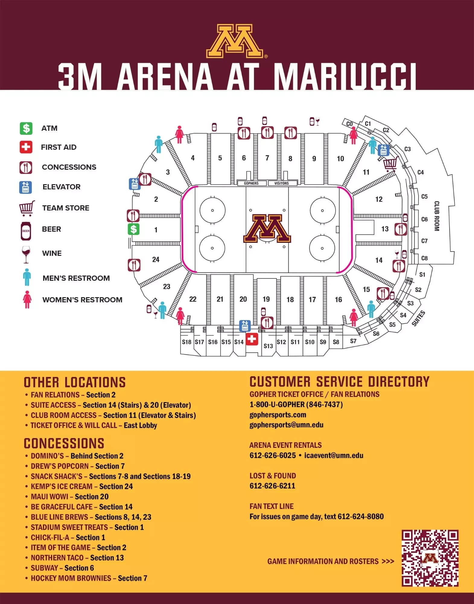 3M Arena at Mariucci: Venue layout, 3M Arena at Mariucci — older concessions directory. Use the original map for routes and visitor facilities.