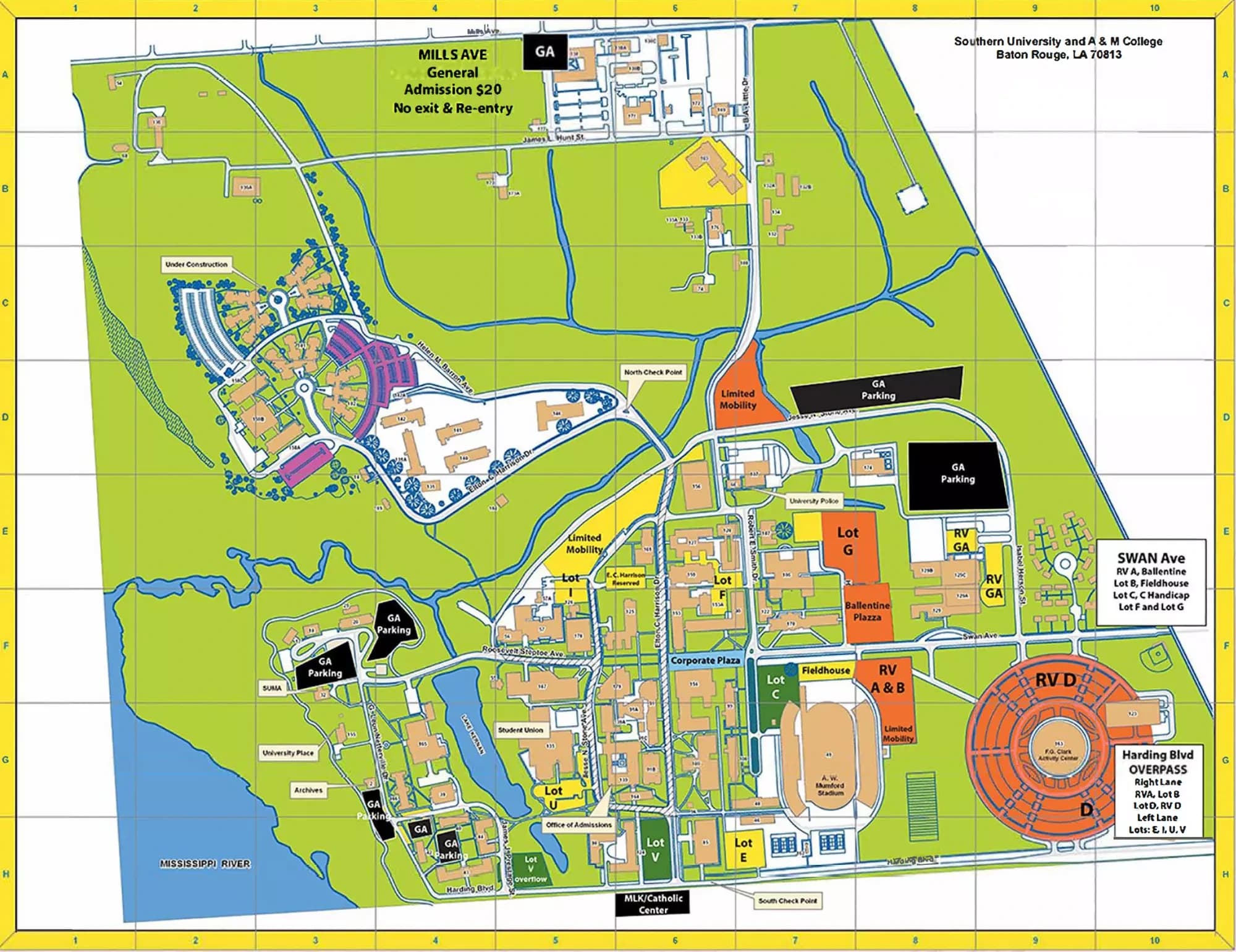 A. W. Mumford Stadium: Venue layout, Southern — official current-linked August 2025 campus football parking plan. Use the original map for routes and visitor facilities.