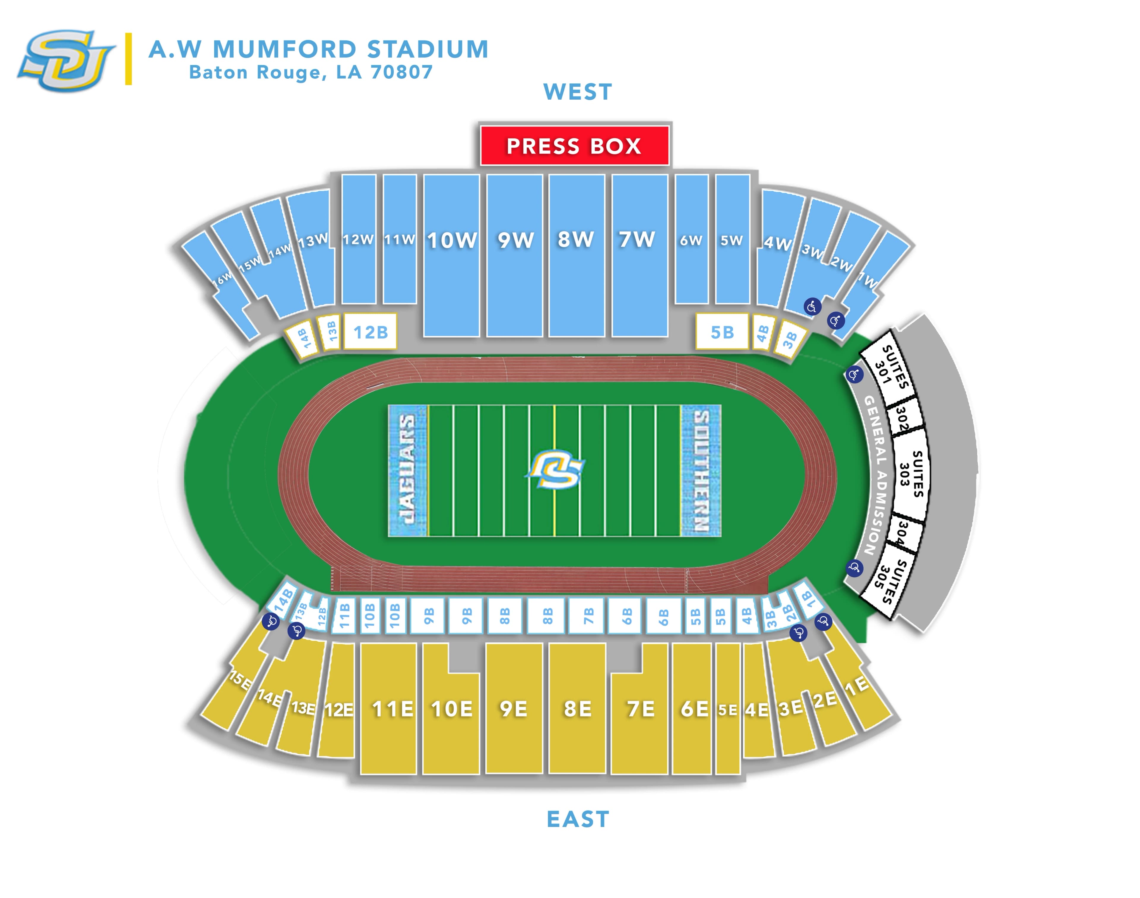 A. W. Mumford Stadium: Seating chart, Southern — official current-linked A. W. Mumford Stadium seating plan. Use the source chart for section and row details.