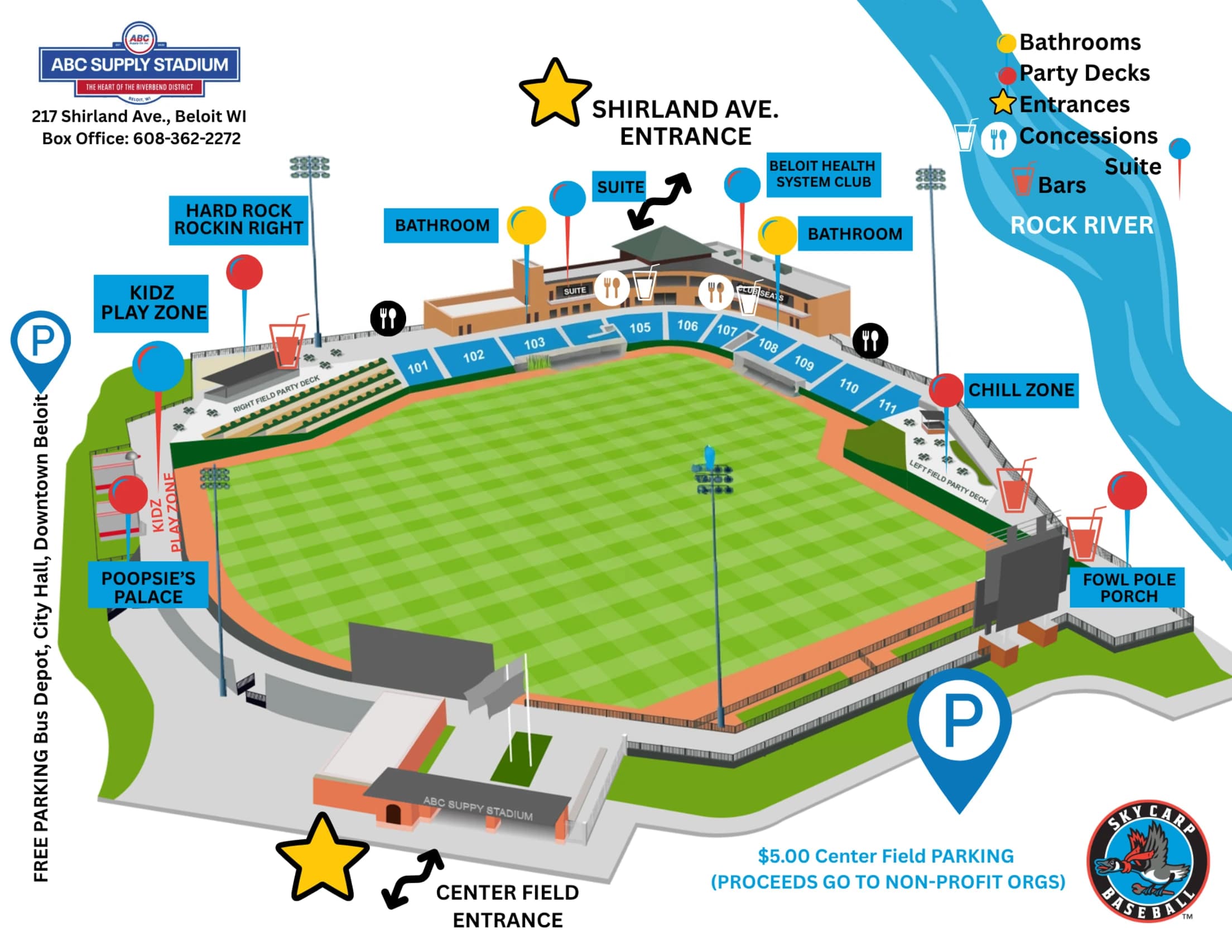 ABC Supply Stadium: Seating chart, ABC Supply Stadium — official-linked seating, river and entrances. Use the source chart for section and row details.