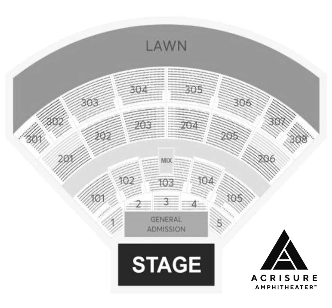 Acrisure Amphitheater: Seating chart, Acrisure Amphitheater, Grand Rapids — front general-admission configuration. Use the source chart for section and row details.