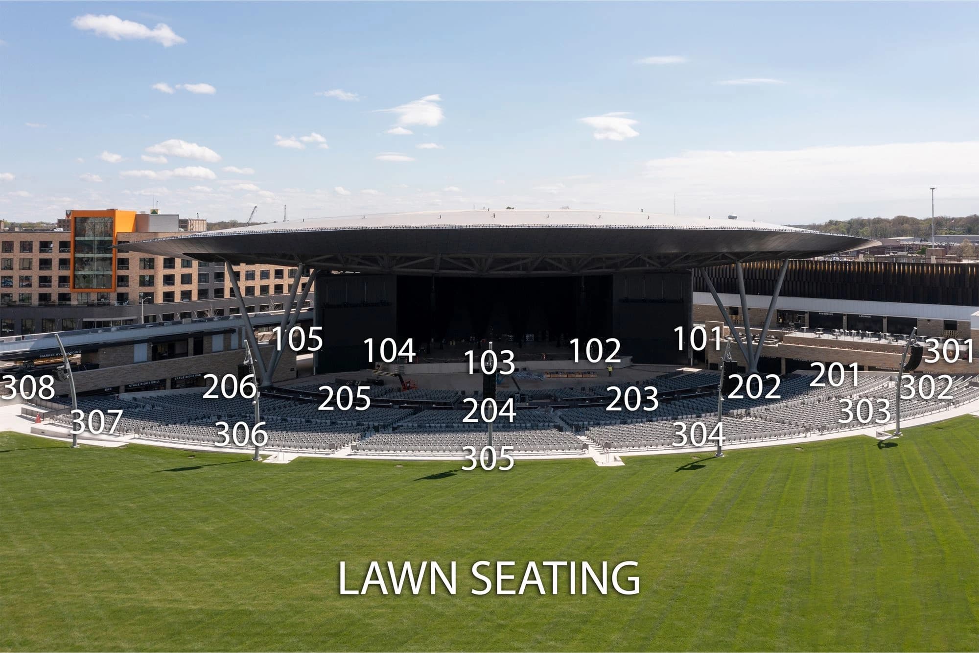 Acrisure Amphitheater: Seating chart, Acrisure Amphitheater, Grand Rapids — photographed section orientation. Use the source chart for section and row details.