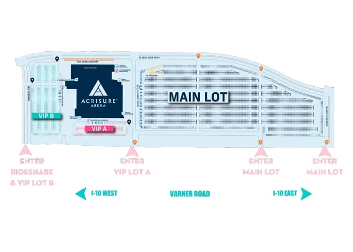 Acrisure Arena: Venue layout, Acrisure Arena — parking entrance routes. Use the original map for routes and visitor facilities.