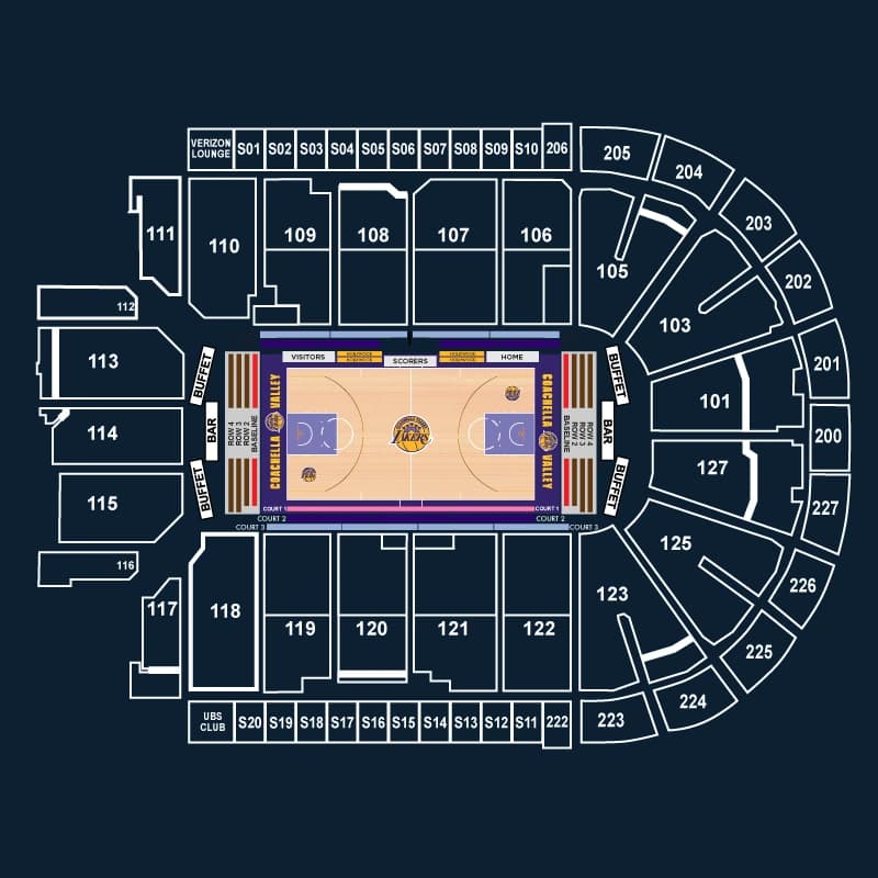 Acrisure Arena: Seating chart, Acrisure Arena — CV Lakers 2026–27 basketball sections. Use the source chart for section and row details.