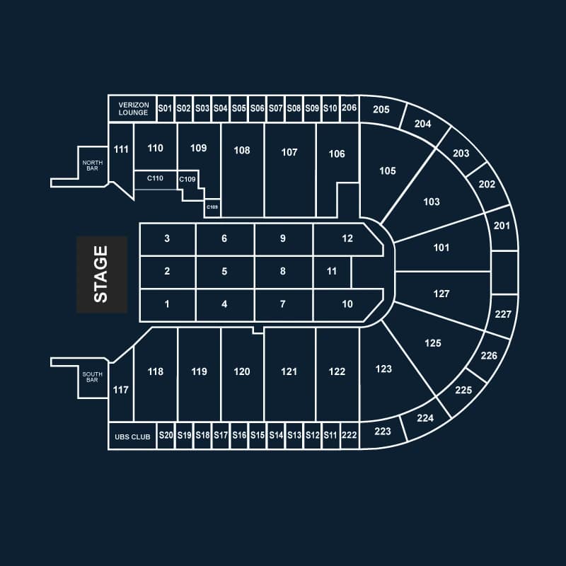 Acrisure Arena: Seating chart, Acrisure Arena — end-stage concert section overview. Use the source chart for section and row details.