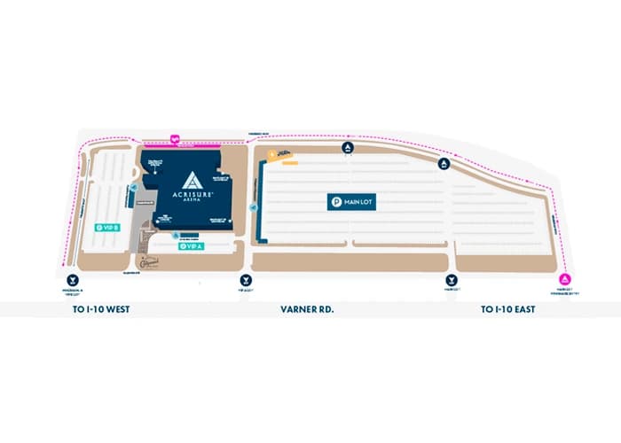 Acrisure Arena: Venue layout, Acrisure Arena — designated rideshare route. Use the original map for routes and visitor facilities.
