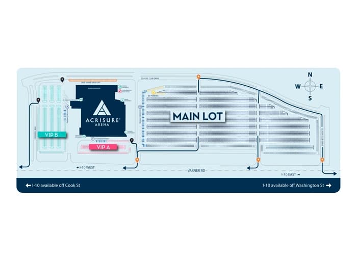 Acrisure Arena: Venue layout, Acrisure Arena — parking exit routes. Use the original map for routes and visitor facilities.