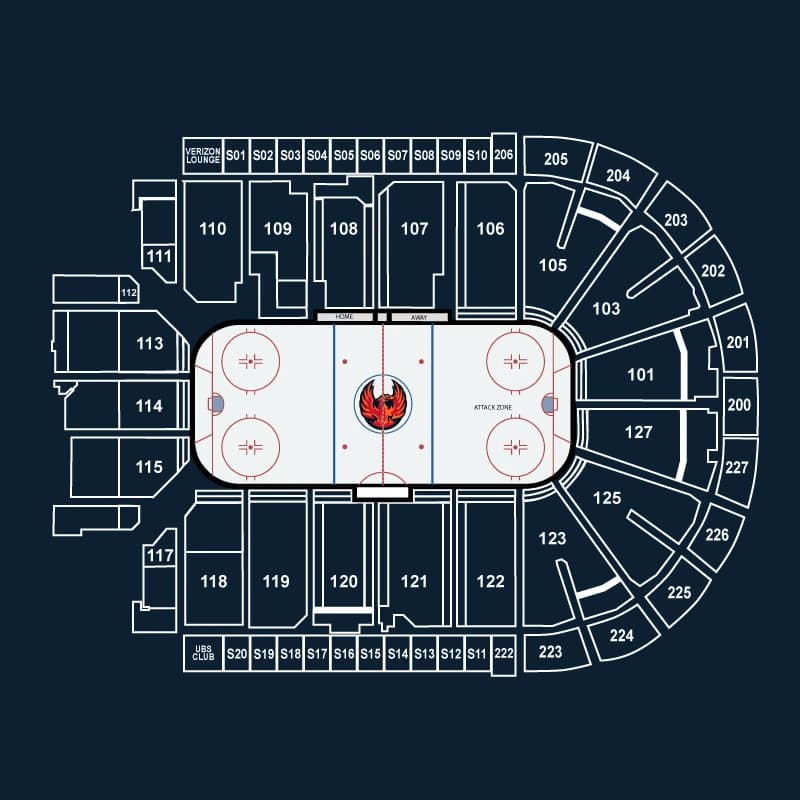 Acrisure Arena: Seating chart, Acrisure Arena — Firebirds 2026–27 hockey sections. Use the source chart for section and row details.