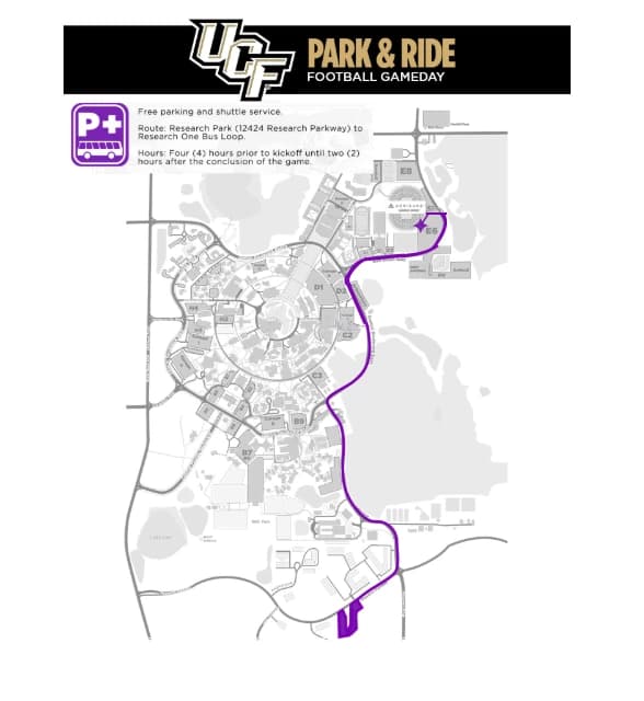 Acrisure Bounce House: Venue layout, UCF — official 2026 park-and-ride plan. Use the original map for routes and visitor facilities.