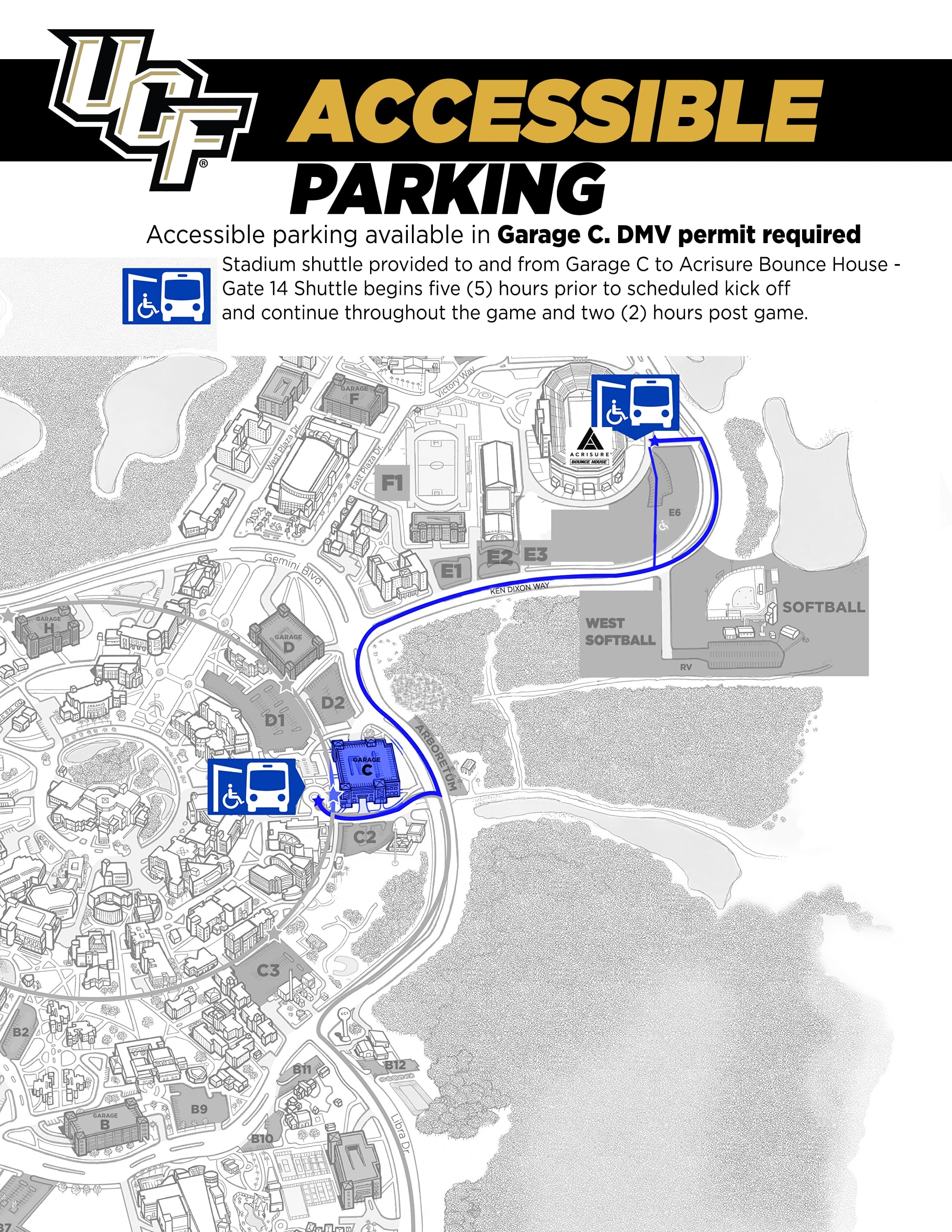 Acrisure Bounce House: Venue layout, UCF — official 2026 accessible parking and shuttle plan. Use the original map for routes and visitor facilities.