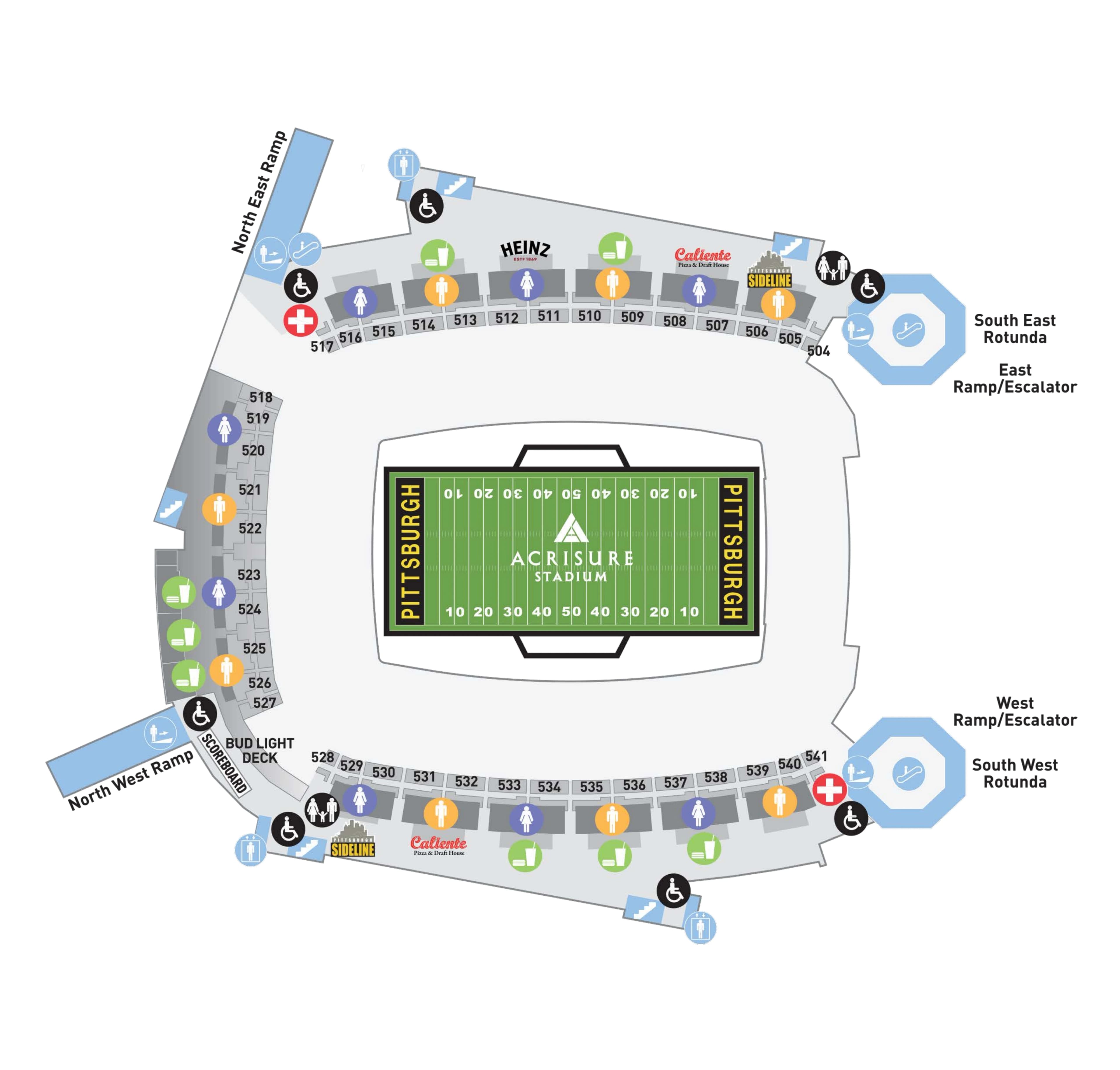 Acrisure Stadium: Venue layout, Acrisure Stadium — Upper Level concourse and facilities. Use the original map for routes and visitor facilities.