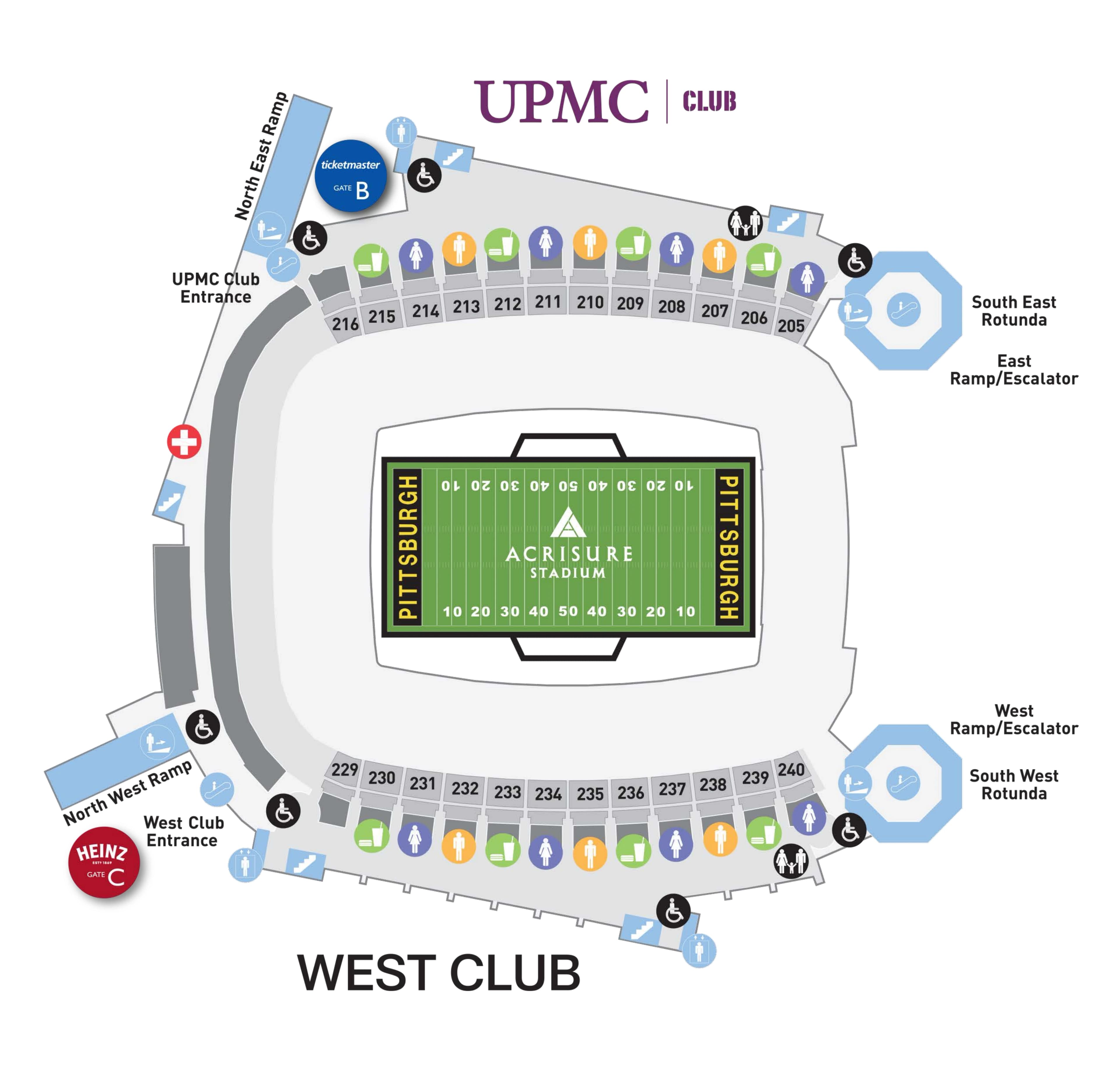 Acrisure Stadium: Venue layout, Acrisure Stadium — UPMC and West Club concourses. Use the original map for routes and visitor facilities.