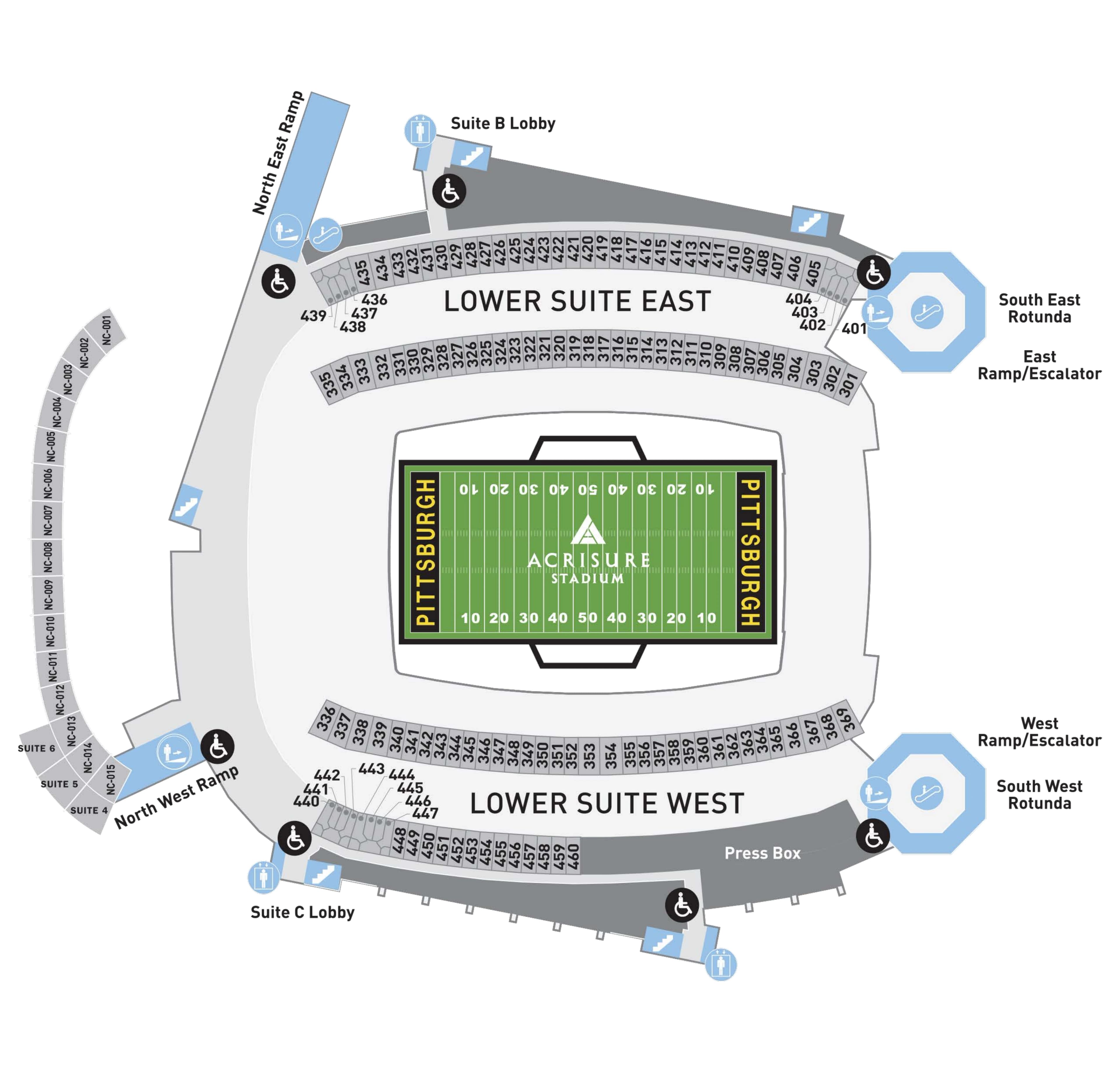 Acrisure Stadium: Venue layout, Acrisure Stadium — suite levels and vertical circulation. Use the original map for routes and visitor facilities.
