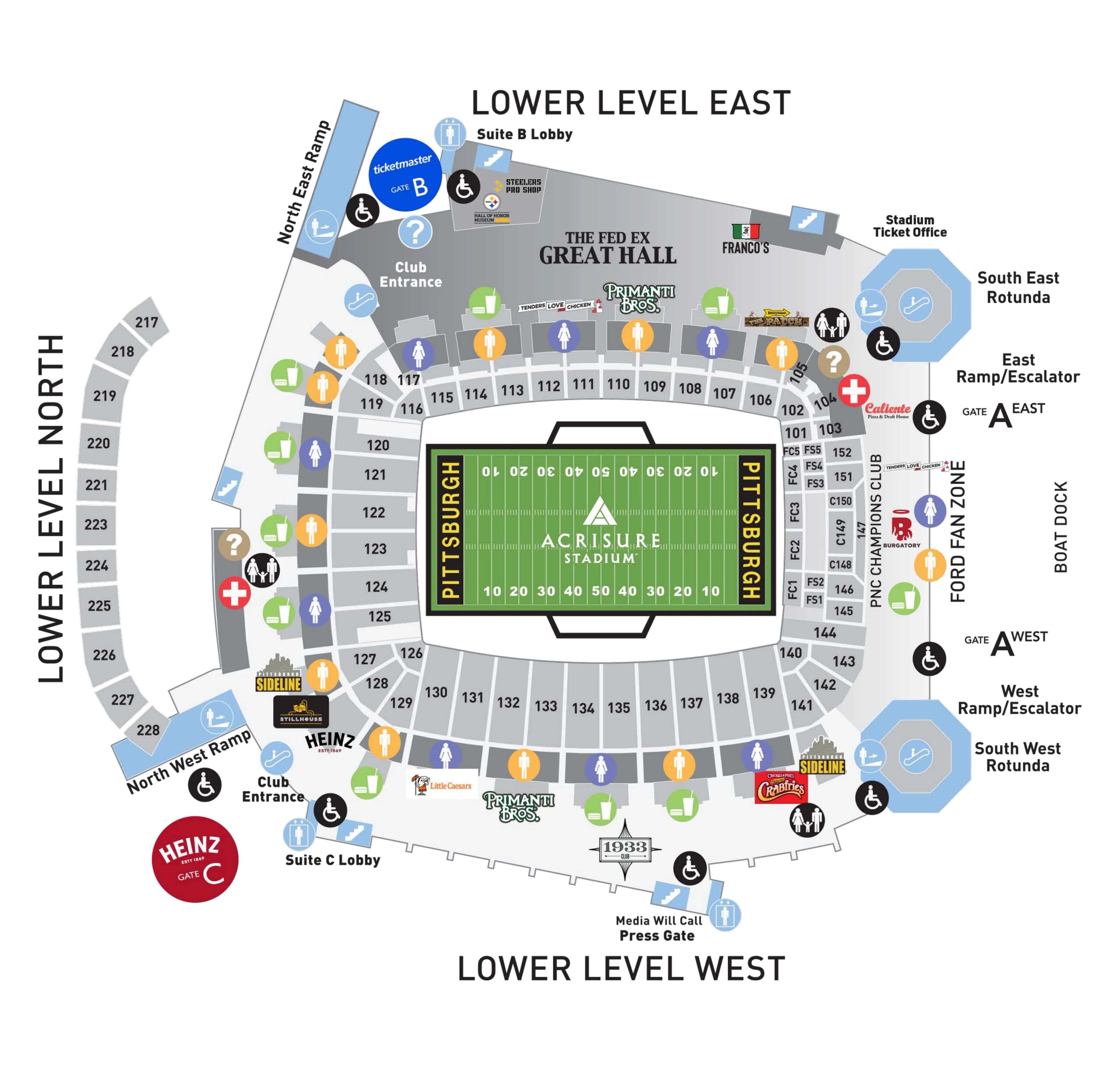 Acrisure Stadium: Venue layout, Acrisure Stadium — Lower Level concourse and facilities. Use the original map for routes and visitor facilities.
