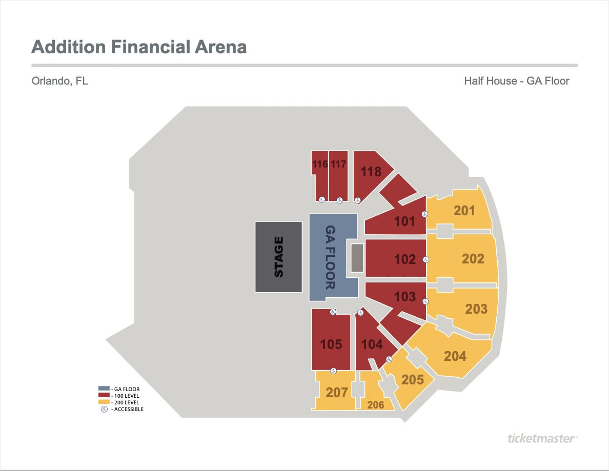 Addition Financial Arena: Seating chart, Addition Financial Arena — half house with GA floor. Use the source chart for section and row details.