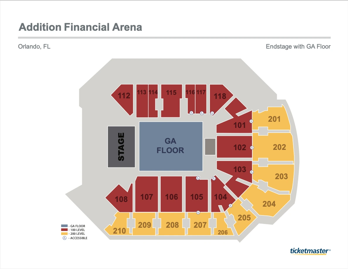 Addition Financial Arena: Seating chart, Addition Financial Arena — end stage with GA floor. Use the source chart for section and row details.