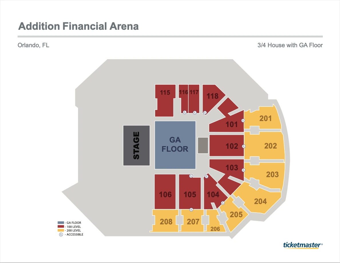 Addition Financial Arena: Seating chart, Addition Financial Arena — three-quarter house with GA floor. Use the source chart for section and row details.