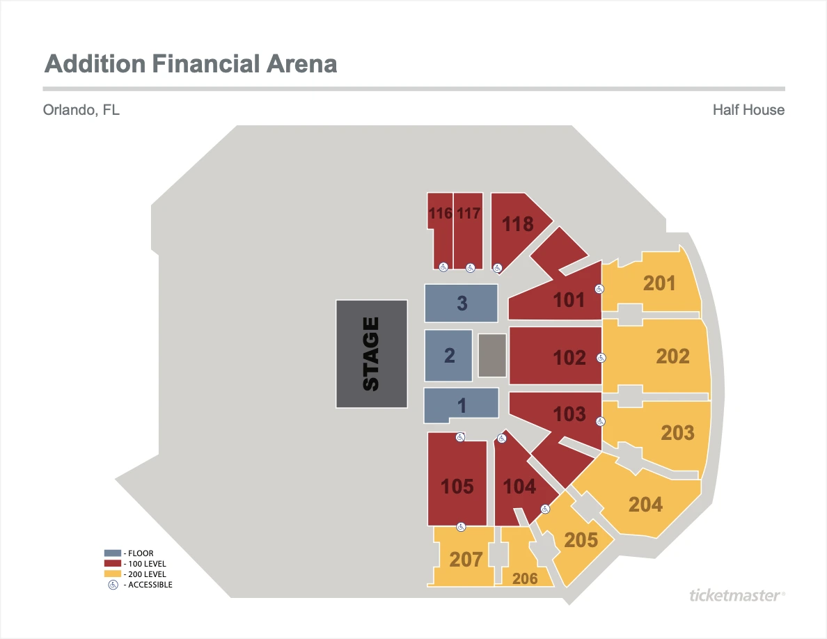 Addition Financial Arena: Seating chart, Addition Financial Arena — half house with reserved floor. Use the source chart for section and row details.