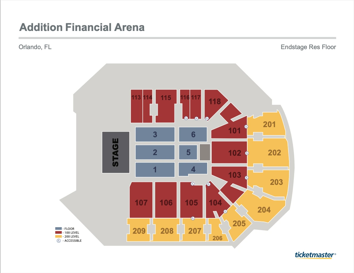 Addition Financial Arena: Seating chart, Addition Financial Arena — end stage with reserved floor. Use the source chart for section and row details.