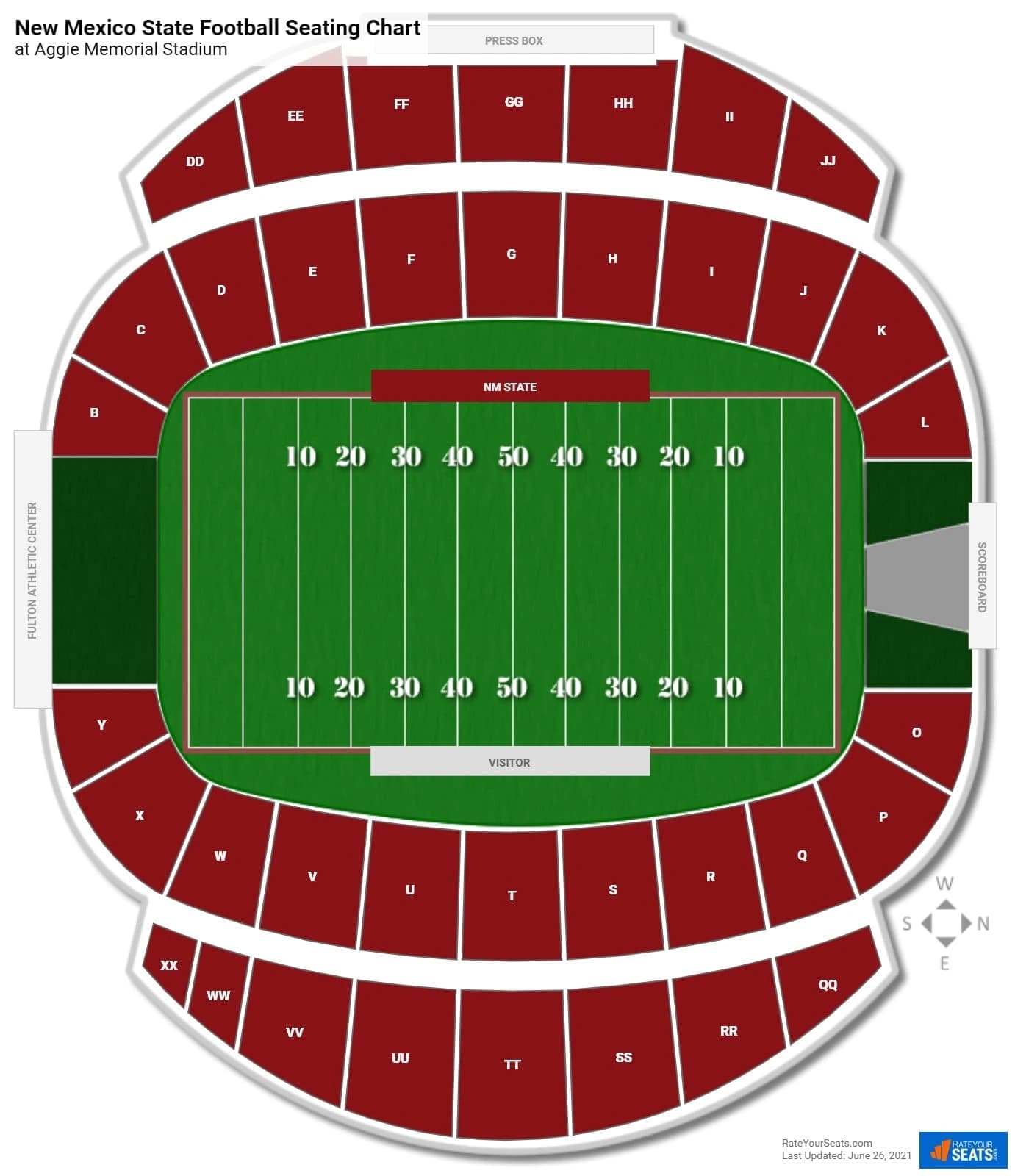 Aggie Memorial Stadium: Seating chart, NM State — current-published RateYourSeats football section diagram (updated 2021). Use the source chart for section and row details.