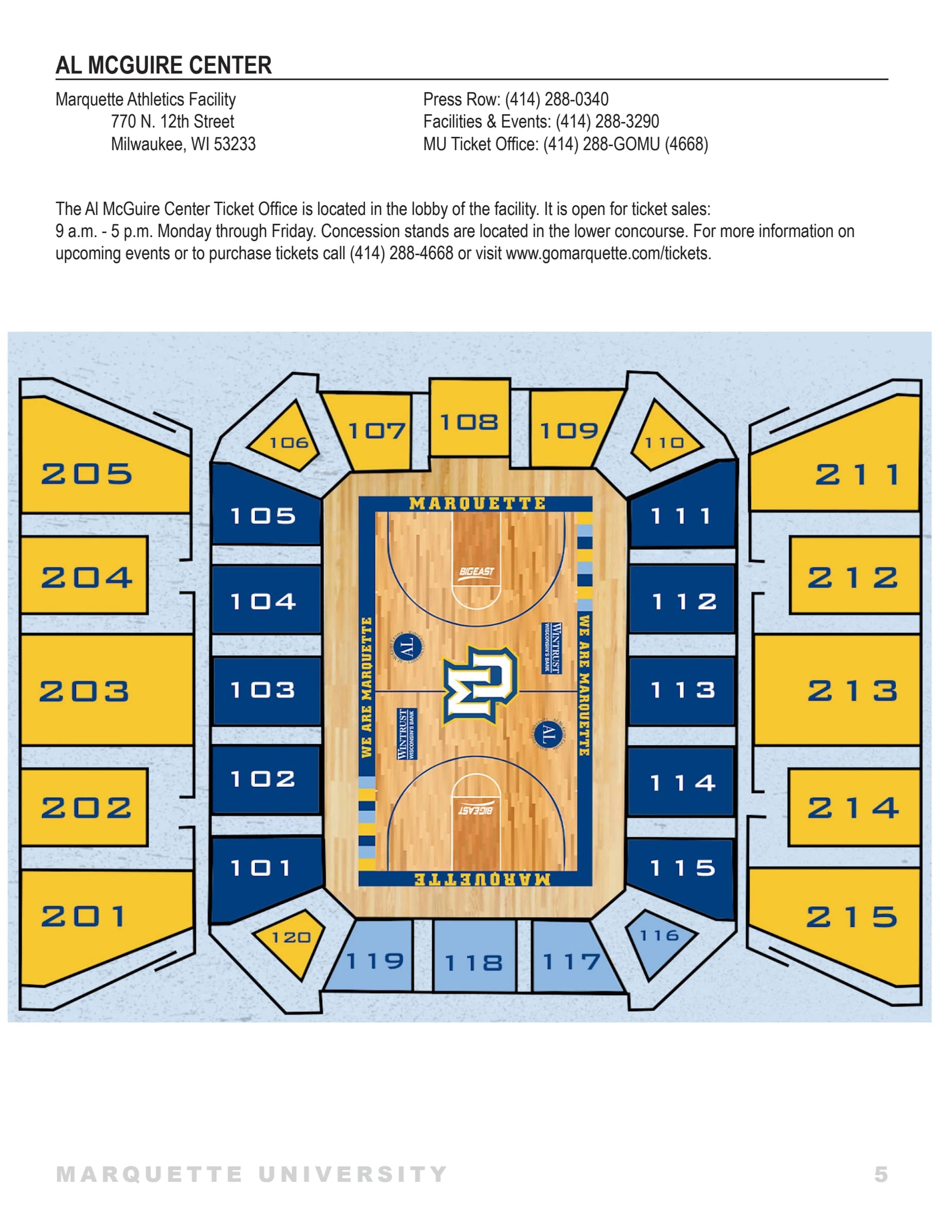 Al McGuire Center: Seating chart, Al McGuire Center — 2024–25 basketball sections. Use the source chart for section and row details.