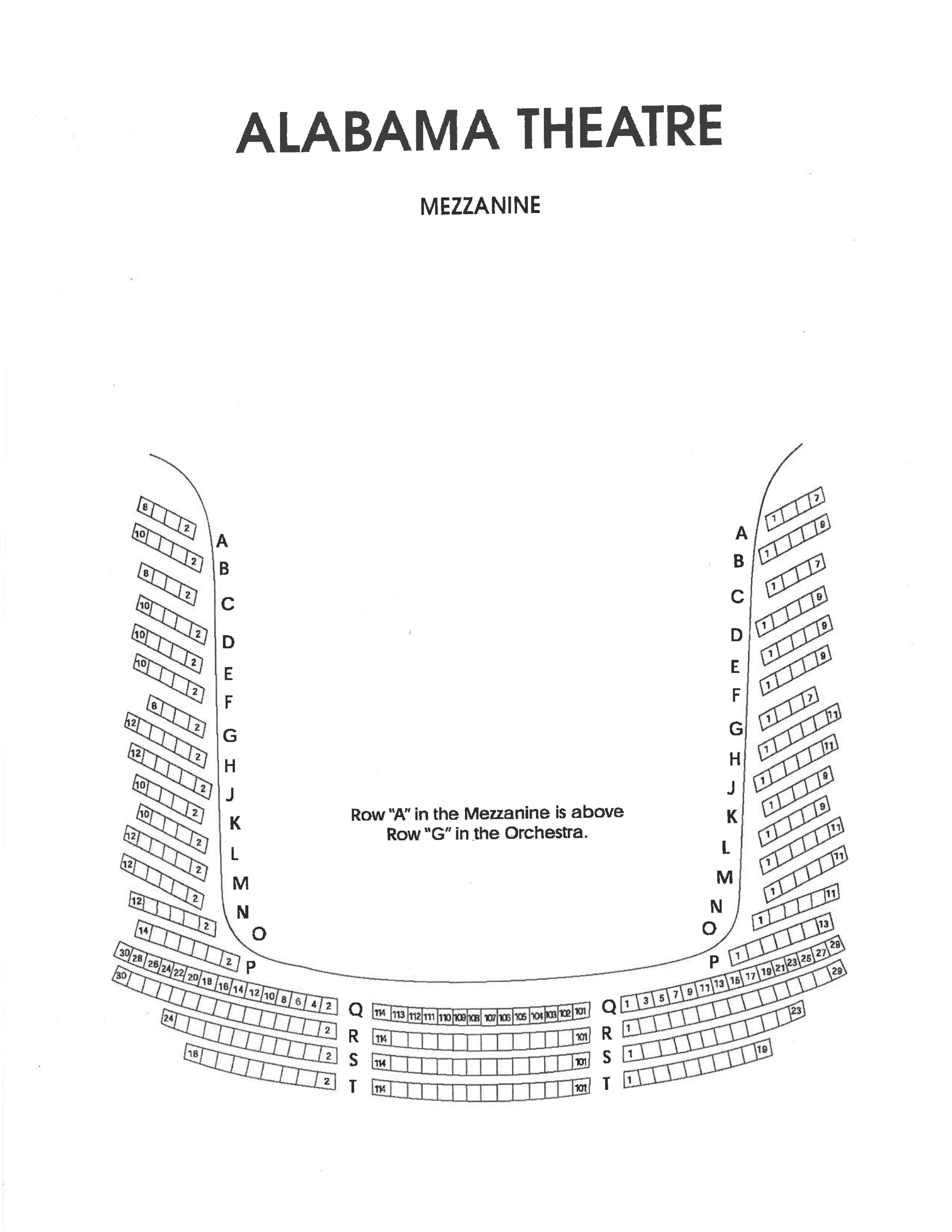 Alabama Theatre: Seating chart, Alabama Theatre — Mezzanine Level. Use the source chart for section and row details.
