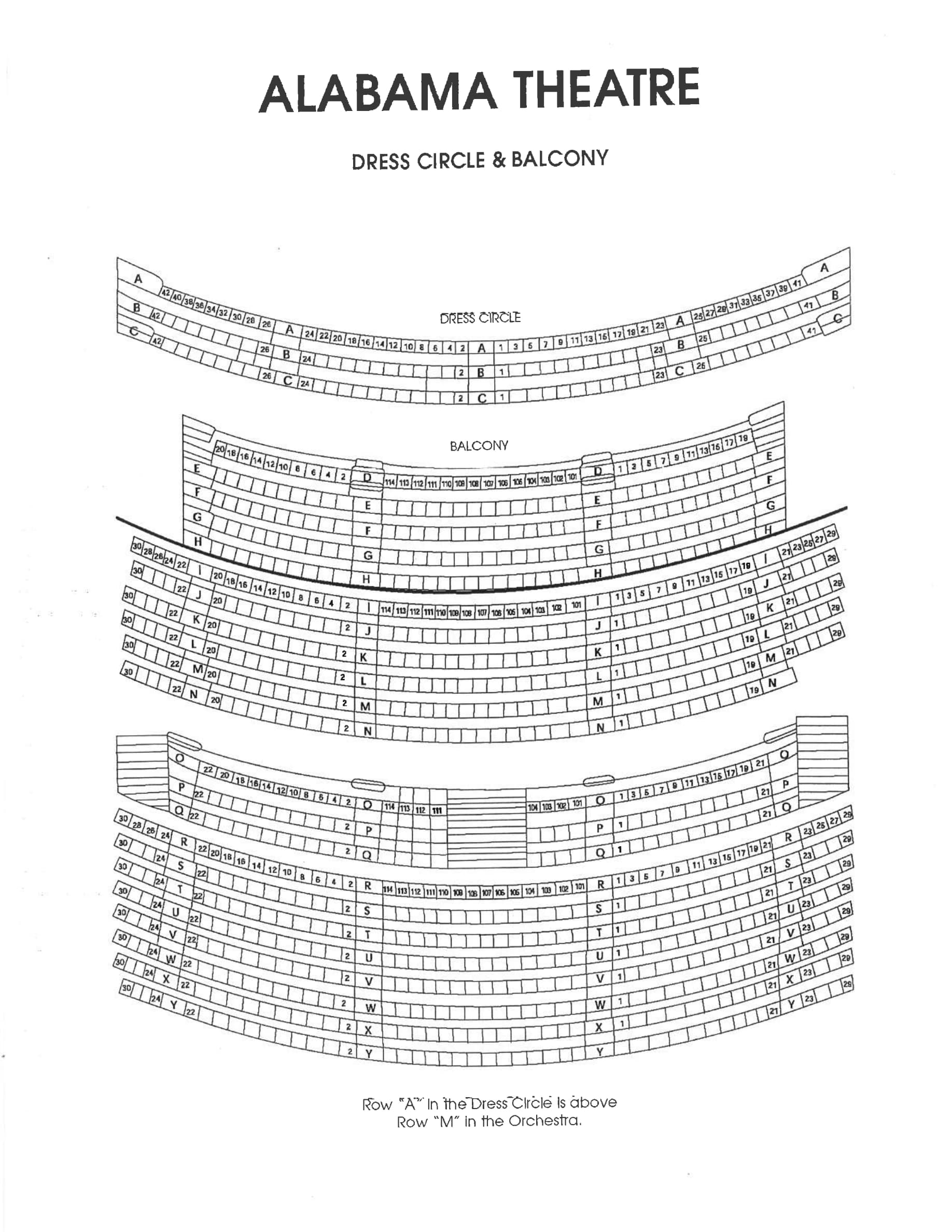 Alabama Theatre: Seating chart, Alabama Theatre — Dress Circle and Balcony. Use the source chart for section and row details.