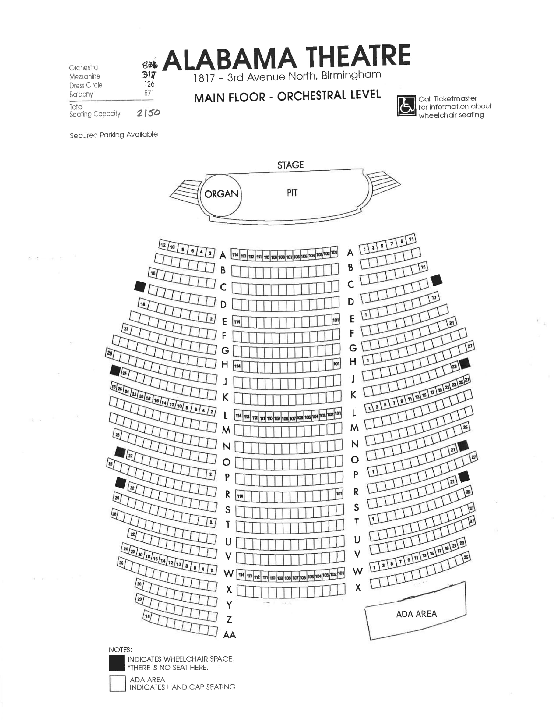 Alabama Theatre: Seating chart, Alabama Theatre — Floor / Orchestra Level. Use the source chart for section and row details.