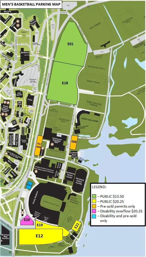 Alaska Airlines Arena at Hec Edmundson Pavilion: Venue layout, 2024–25 men’s basketball parking reference · public and accessible areas. Use the original map for routes and visitor facilities.