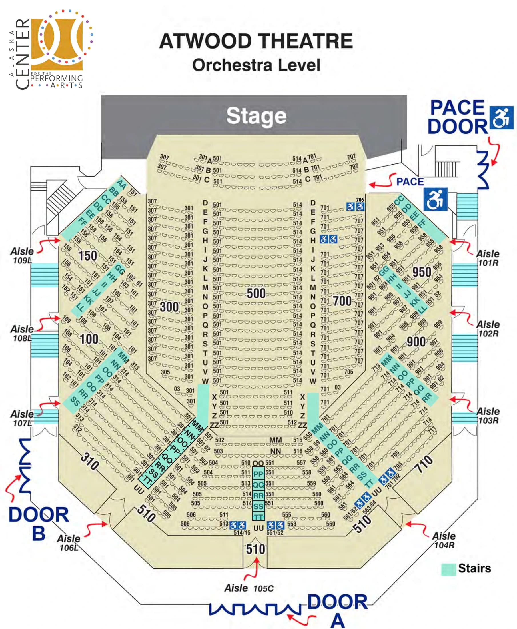 Alaska Center for the Performing Arts: Seating chart, Atwood Concert Hall. Use the source chart for section and row details.