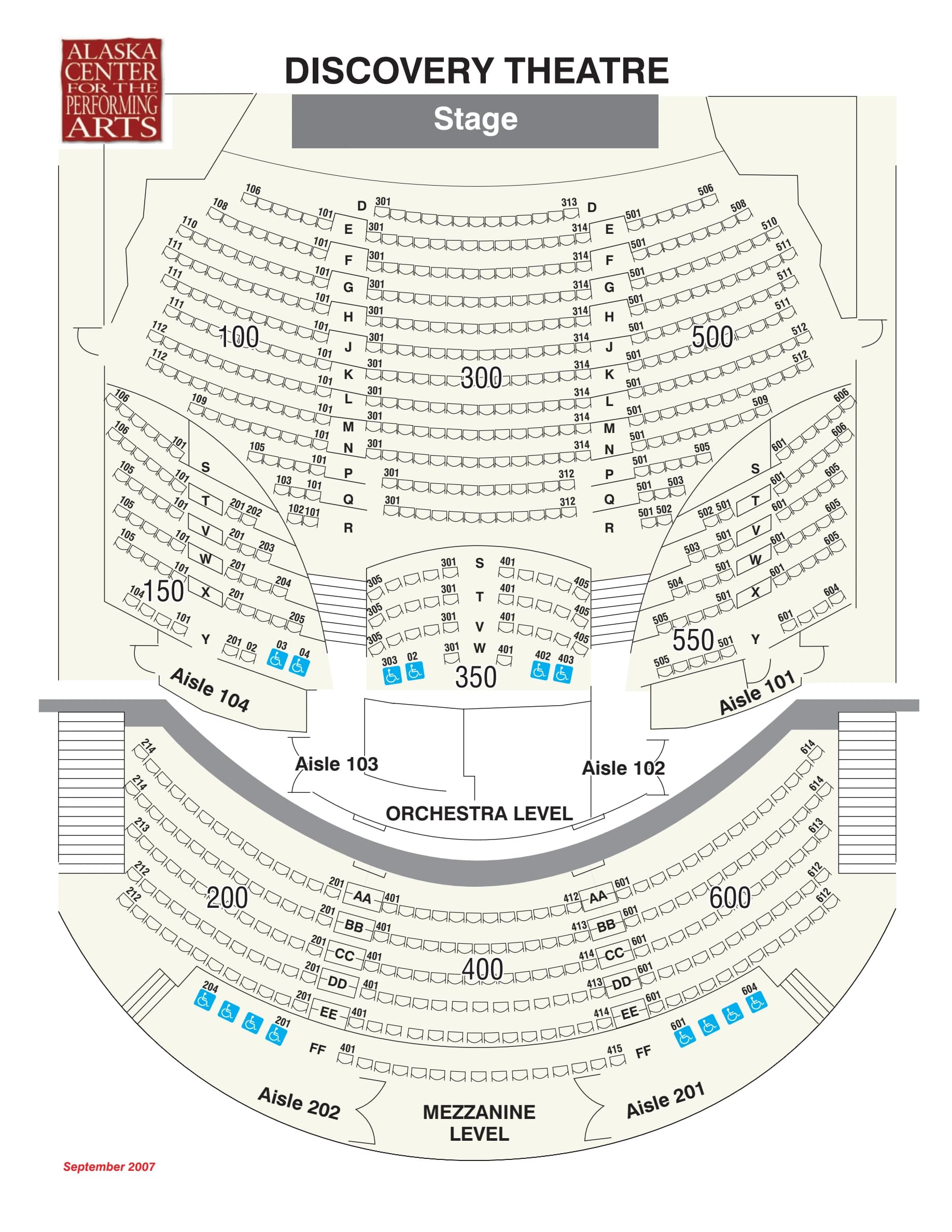 Alaska Center for the Performing Arts: Seating chart, Discovery Theatre. Use the source chart for section and row details.