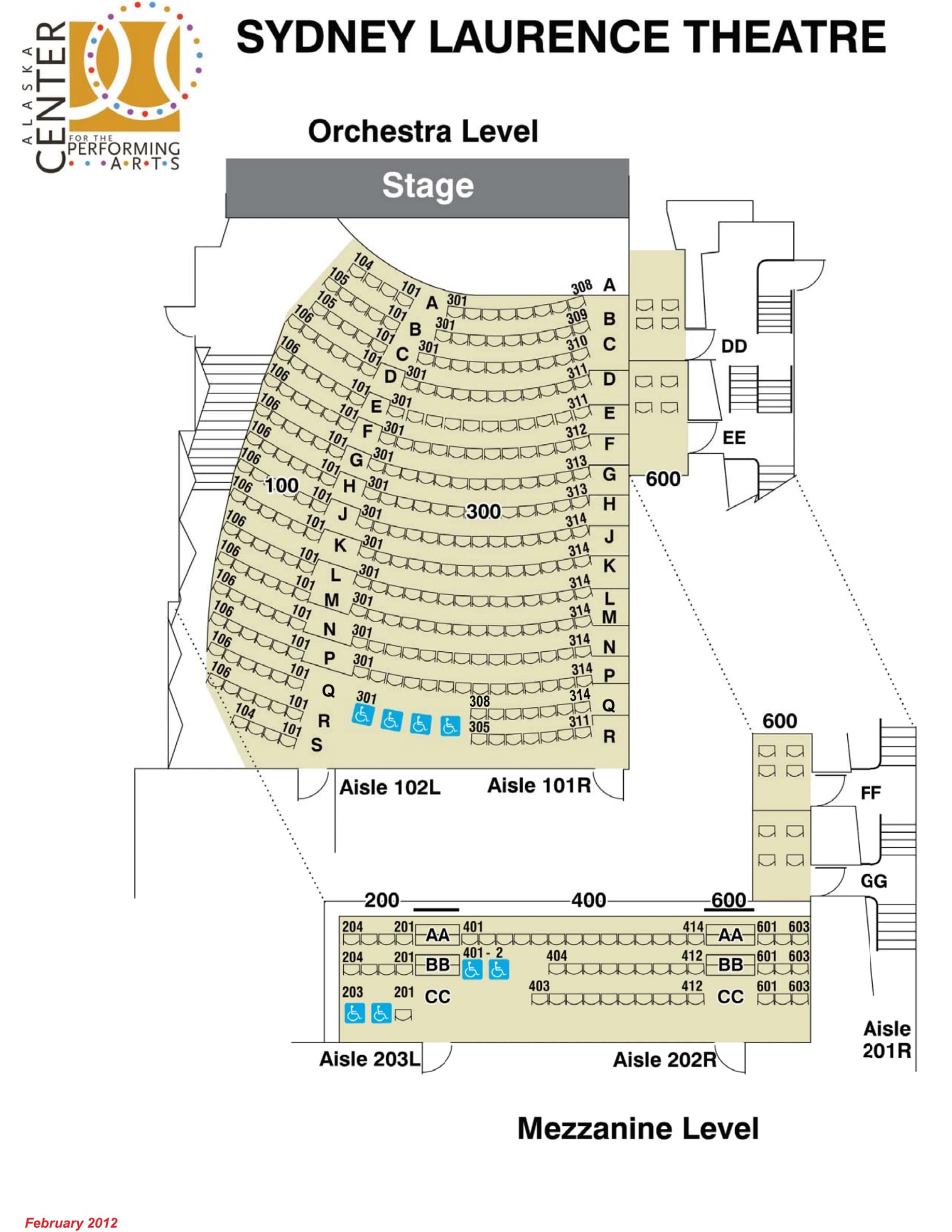 Alaska Center for the Performing Arts: Seating chart, Sydney Laurence Theatre. Use the source chart for section and row details.