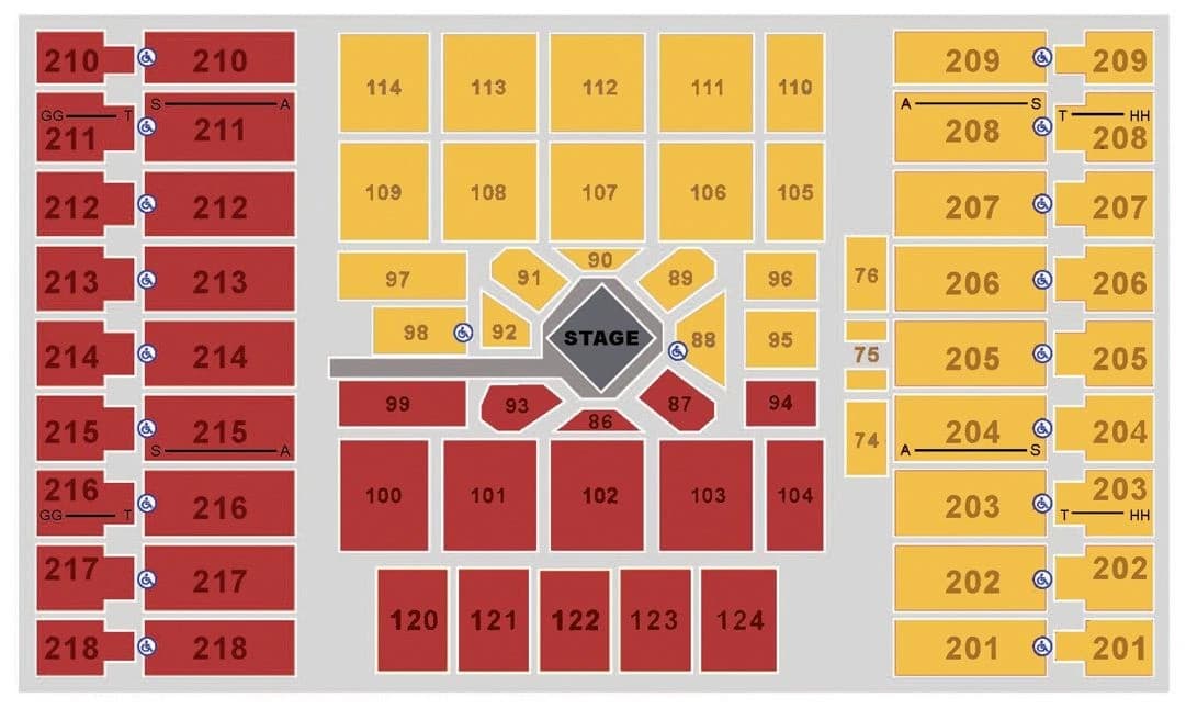 Alerus Center: Seating chart, Concert · center stage. Use the source chart for section and row details.