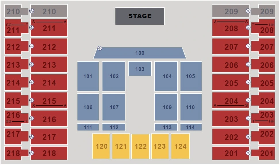 Alerus Center: Seating chart, Concert · end stage. Use the source chart for section and row details.