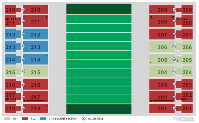 Alerus Center: Seating chart, Football seating. Use the source chart for section and row details.