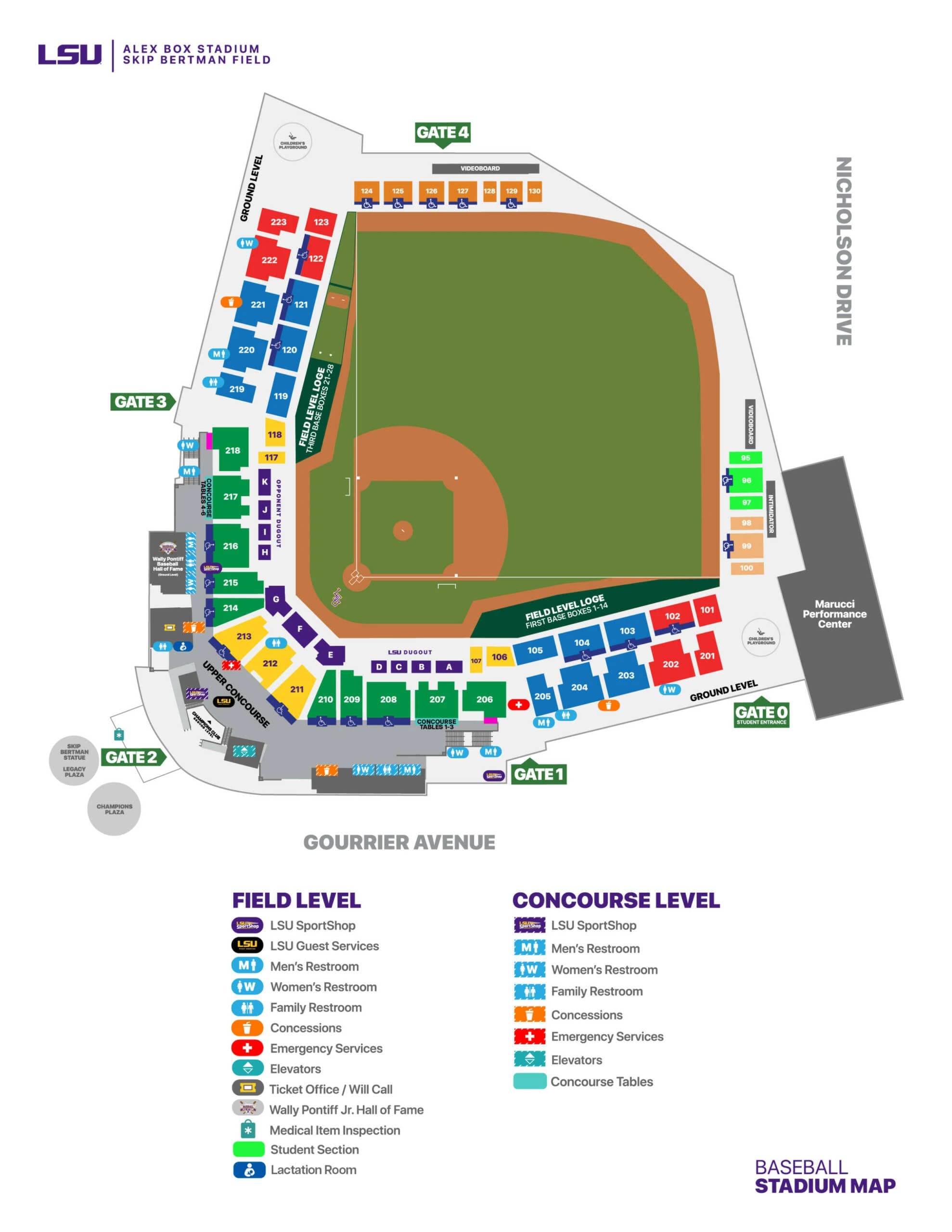 Alex Box Stadium, Skip Bertman Field: Seating chart, Alex Box Stadium — official 2026 seating and facilities map. Use the source chart for section and row details.