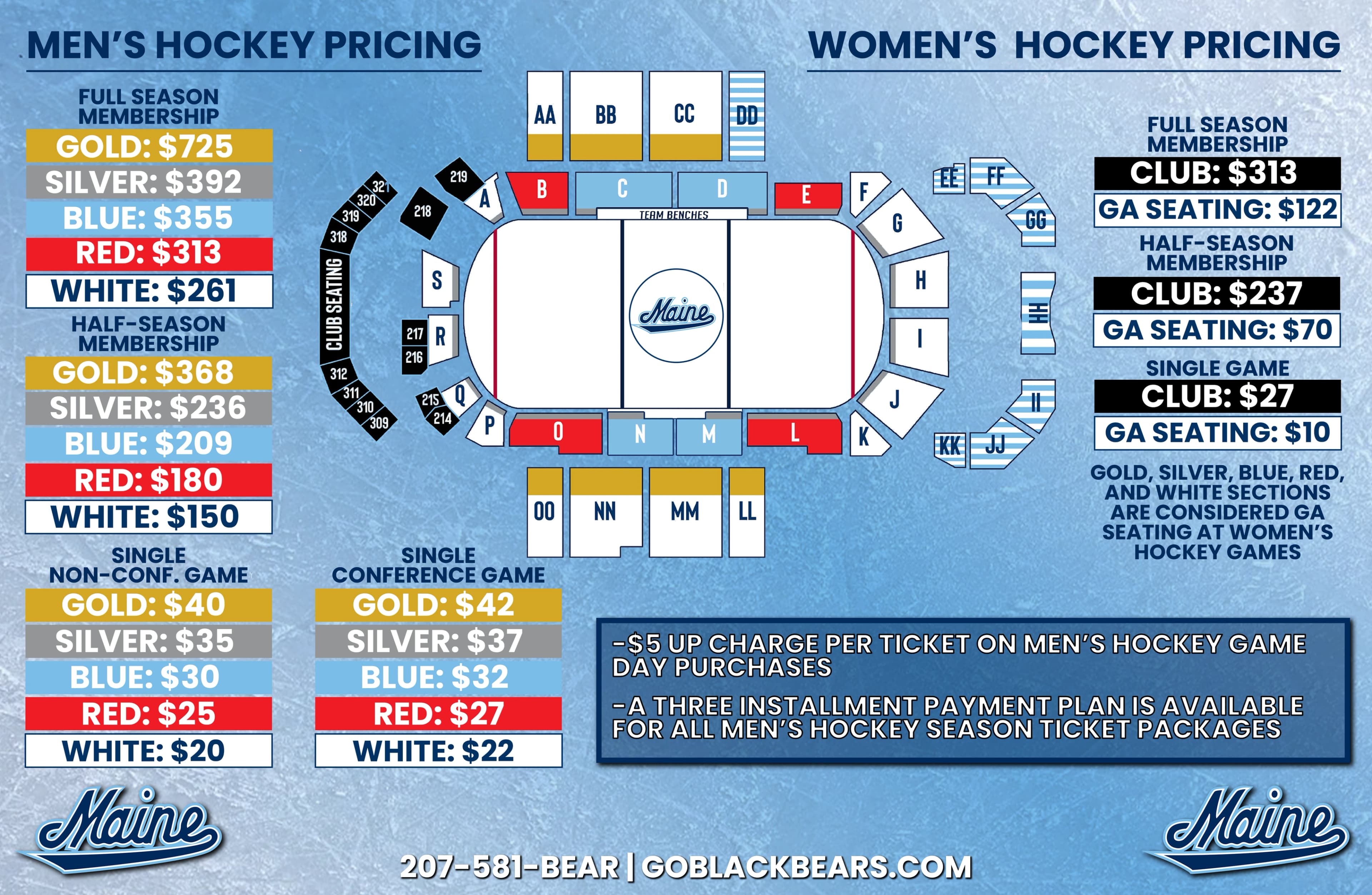 Alfond Arena: Seating chart, Maine hockey — published 2024–25 section diagram. Use the source chart for section and row details.
