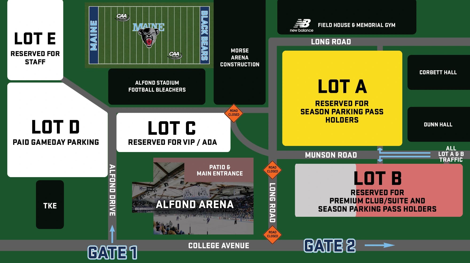 Alfond Arena: Venue layout, 2026–27 men’s hockey parking and road closures. Use the original map for routes and visitor facilities.