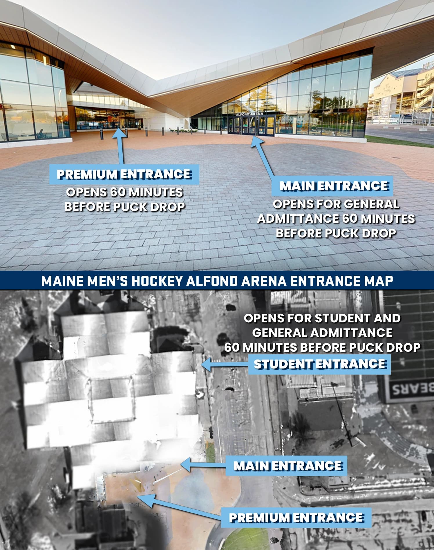 Alfond Arena: Venue layout, 2026–27 men’s hockey entrances — exterior and overhead guide. Use the original map for routes and visitor facilities.