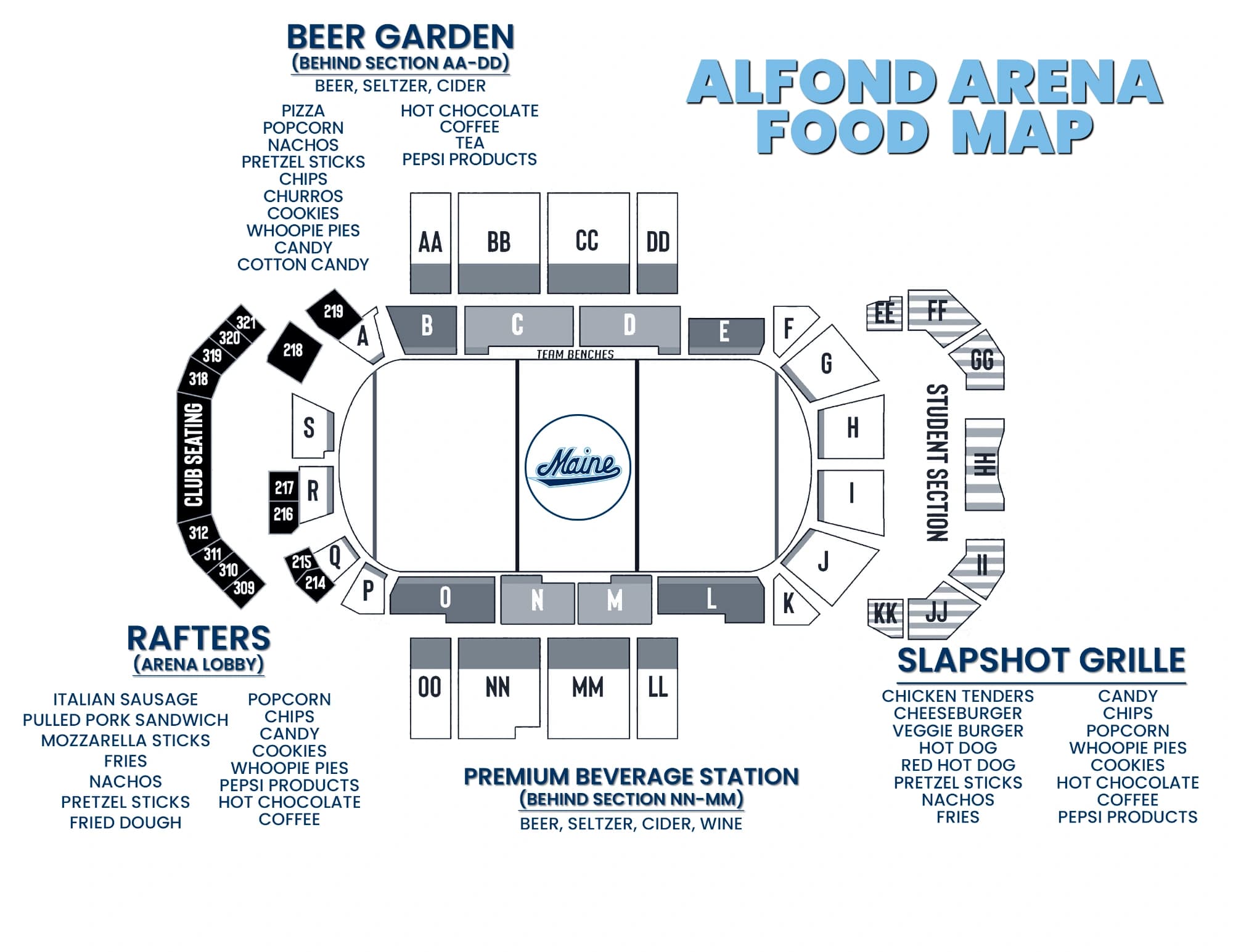 Alfond Arena: Seating chart, 2026–27 hockey sections and concessions. Use the source chart for section and row details.