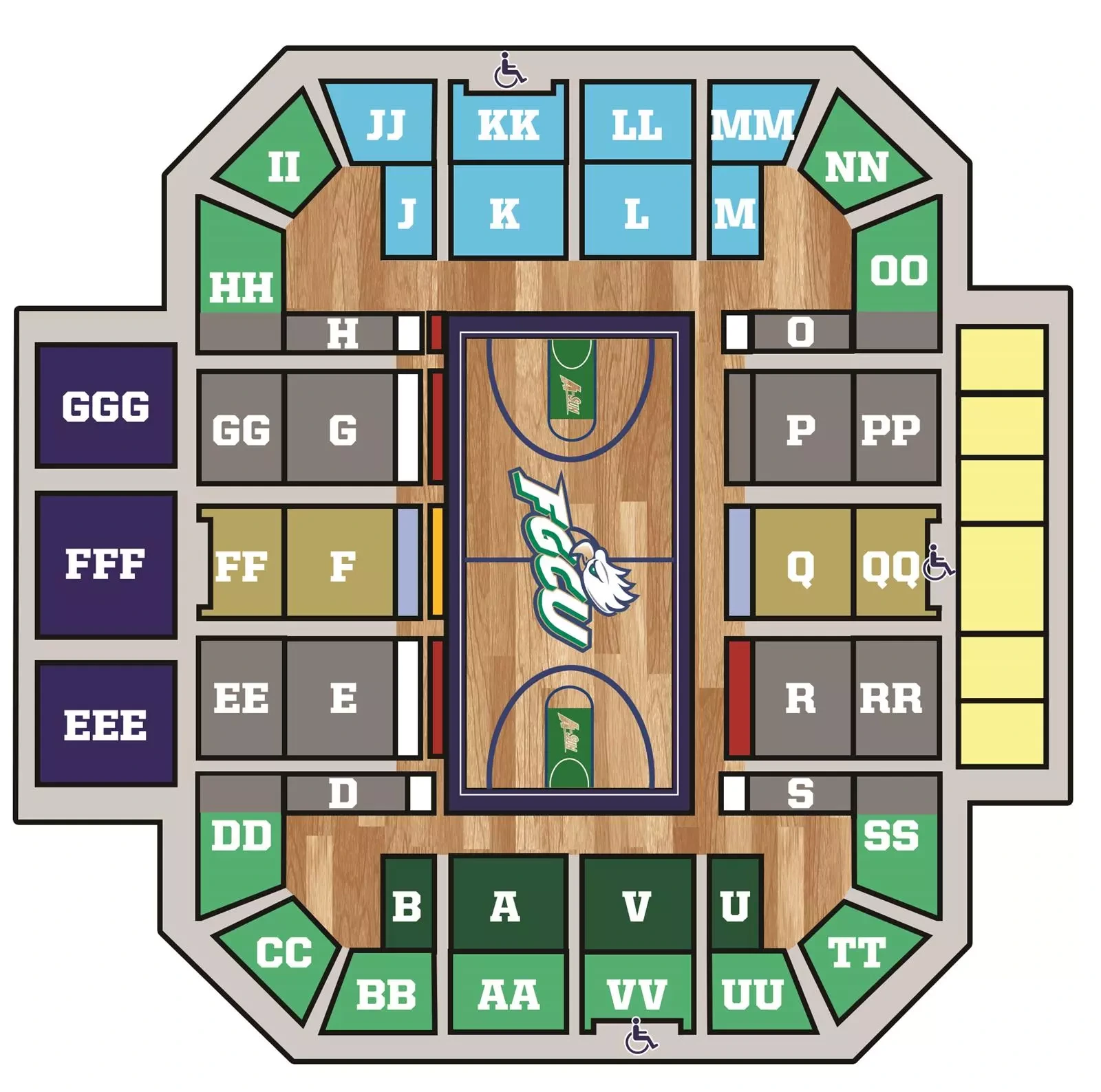 Alico Arena: Seating chart, Alico Arena — basketball section orientation. Use the source chart for section and row details.