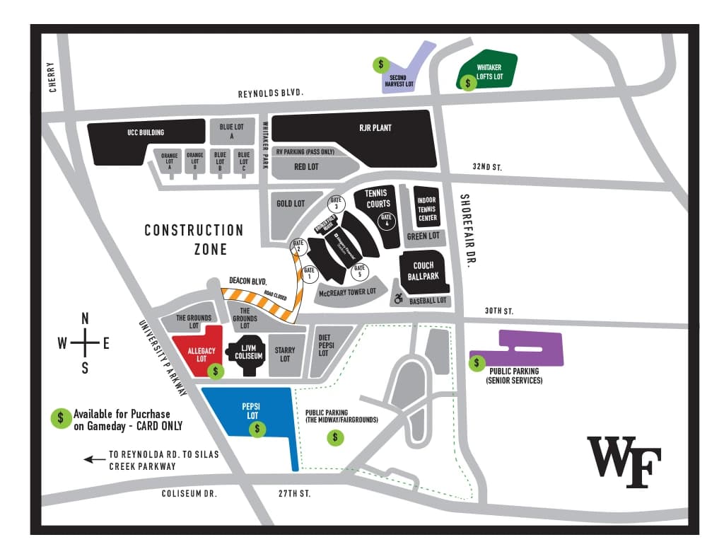 Allegacy Financial Stadium: Venue layout, Wake Forest — official October 31, 2026 parking plan. Use the original map for routes and visitor facilities.
