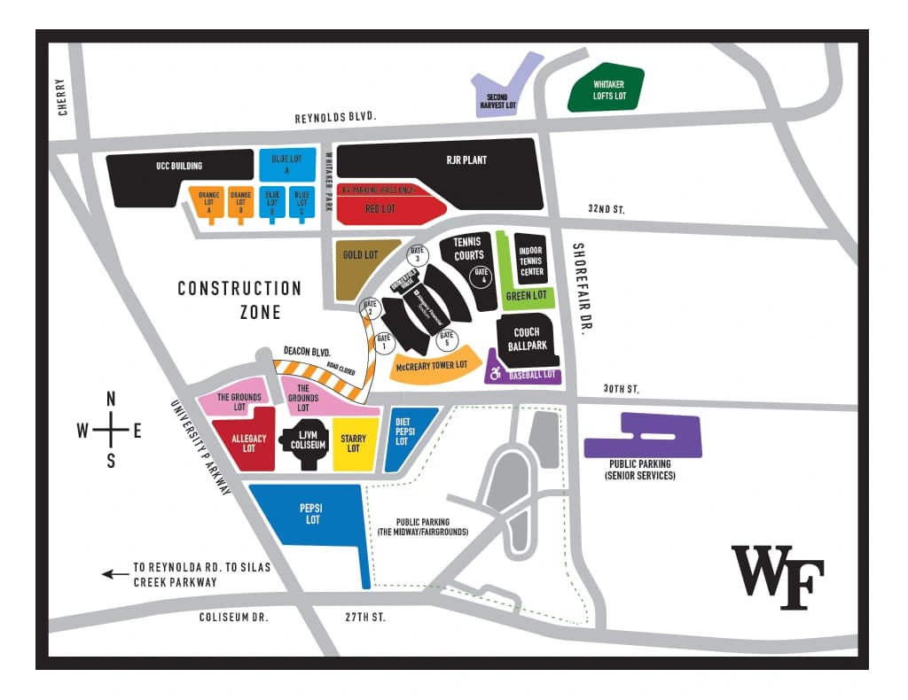 Allegacy Financial Stadium: Venue layout, Wake Forest — official 2026 football all-lot plan. Use the original map for routes and visitor facilities.