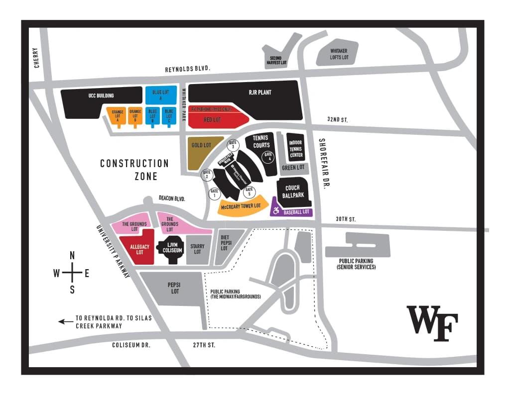 Allegacy Financial Stadium: Venue layout, Wake Forest — official 2026 season parking plan. Use the original map for routes and visitor facilities.