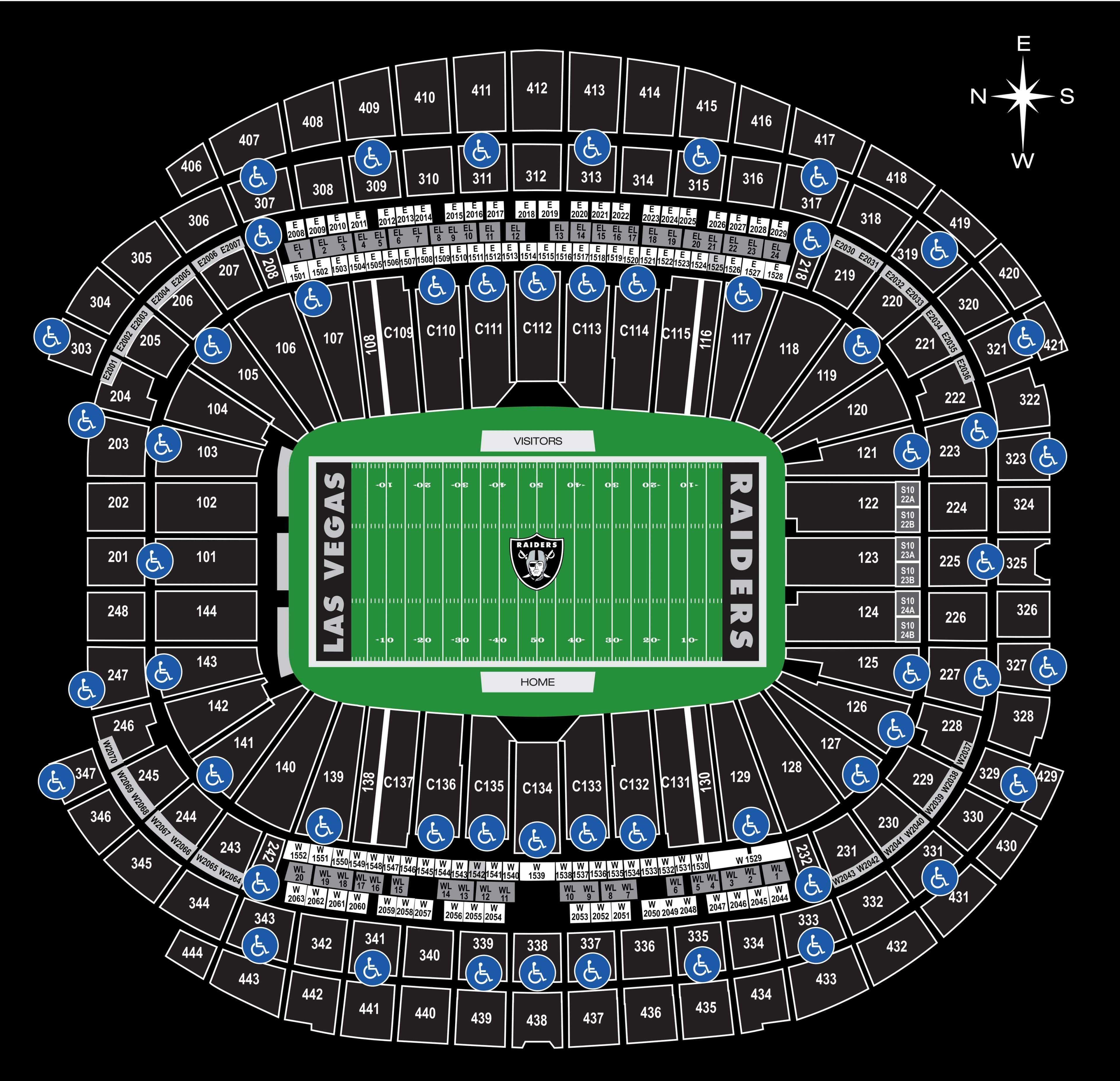 Allegiant Stadium: Seating chart, Football · accessible seating. Use the source chart for section and row details.