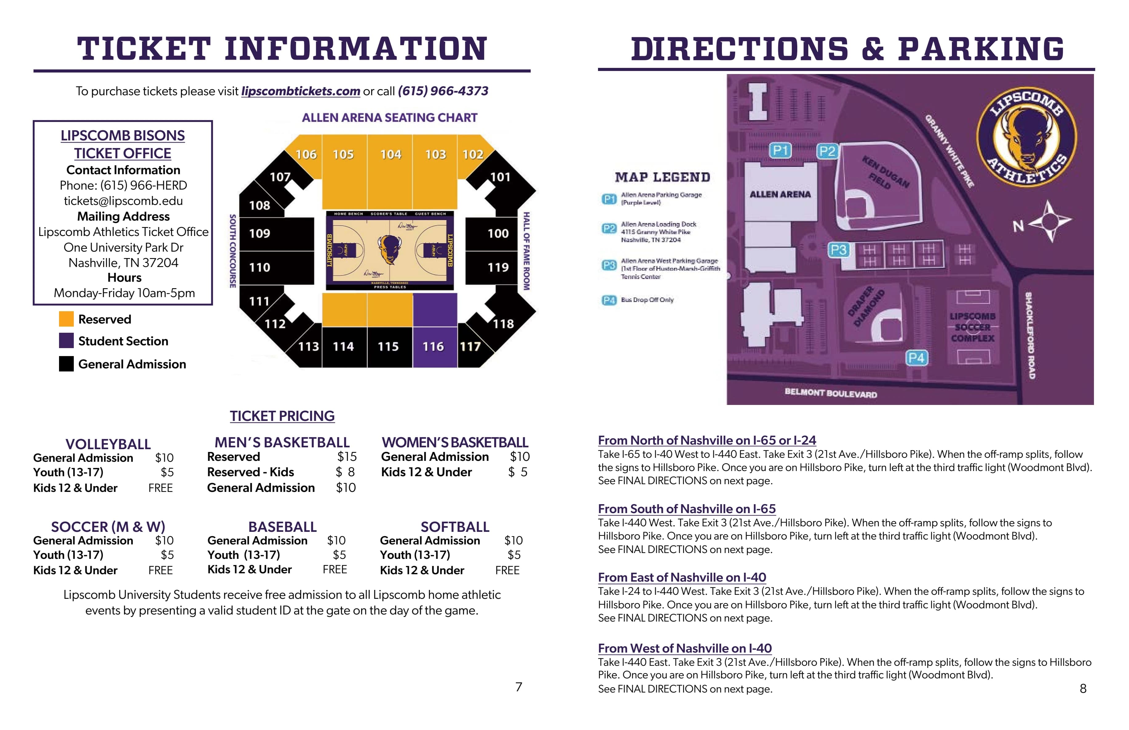Allen Arena: Seating chart, Allen Arena — September 2026 basketball seating and arrival. Use the source chart for section and row details.