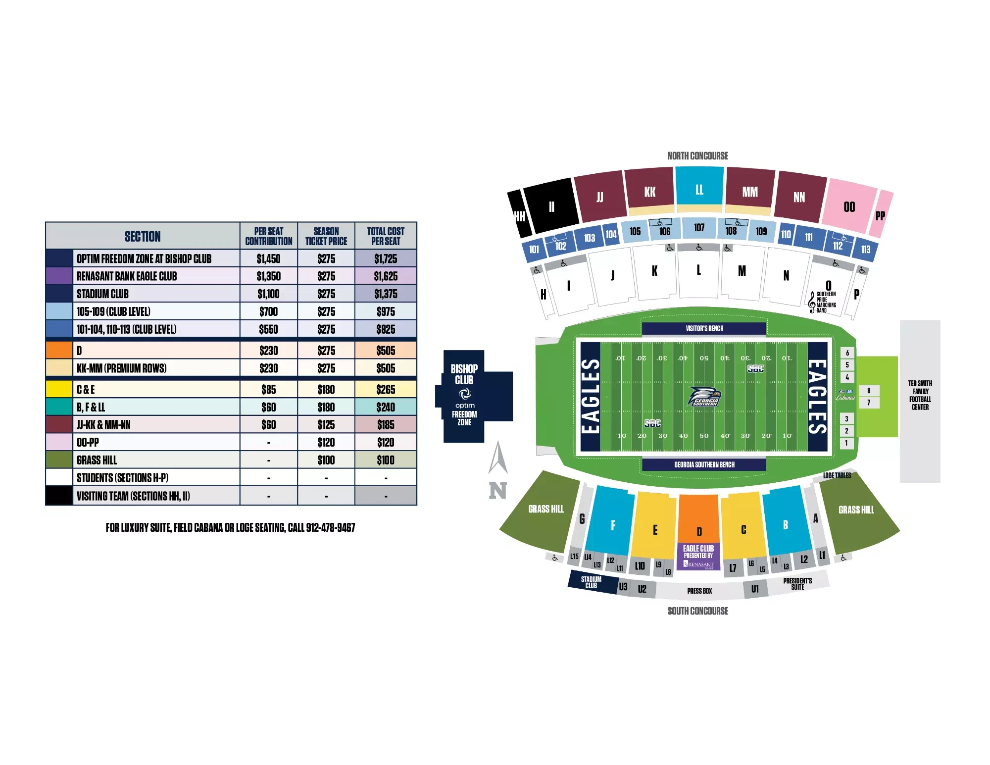 Allen E. Paulson Stadium: Seating chart, Georgia Southern — official 2026 Paulson Stadium seating and season-ticket plan. Use the source chart for section and row details.
