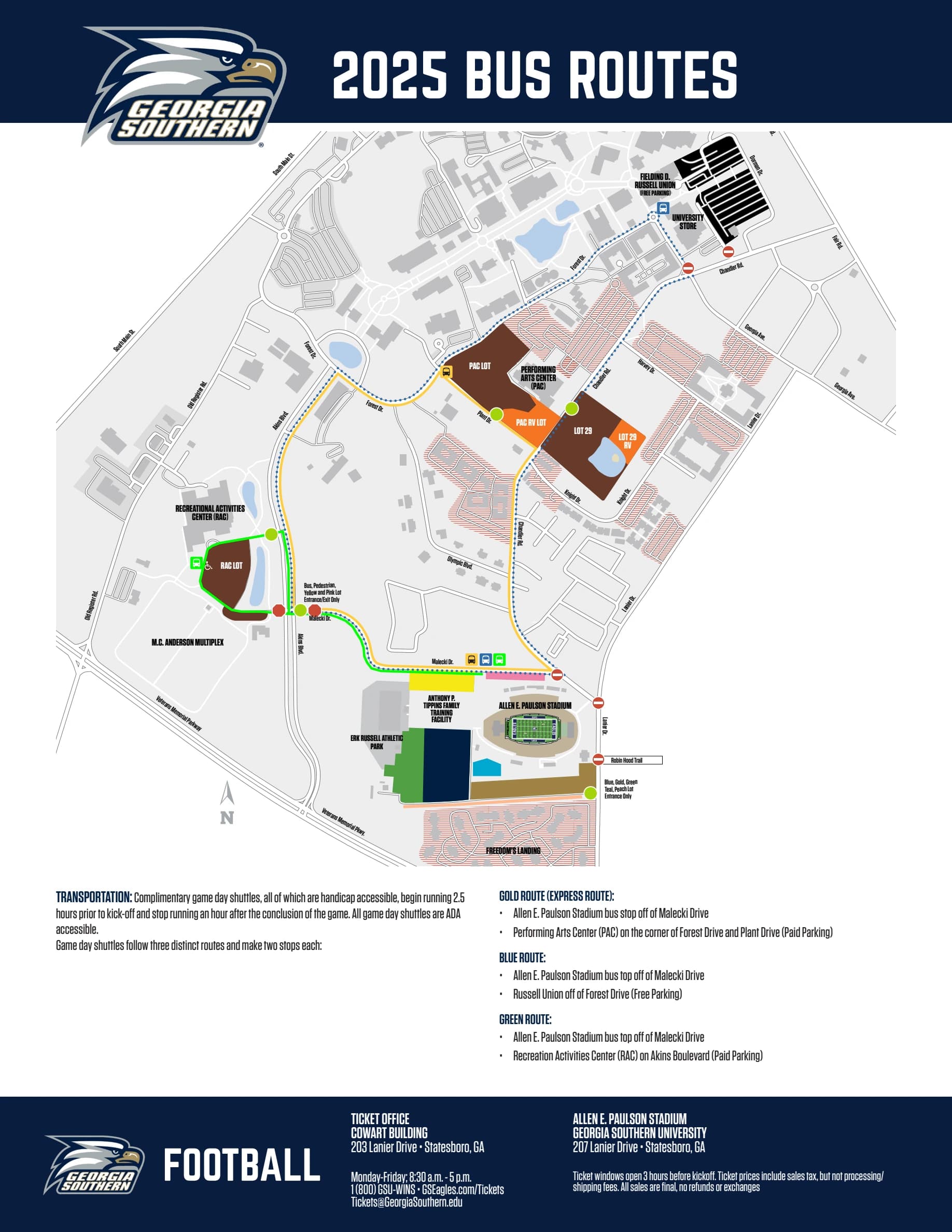 Allen E. Paulson Stadium: Venue layout, Georgia Southern — current-linked 2025 football shuttle route plan. Use the original map for routes and visitor facilities.